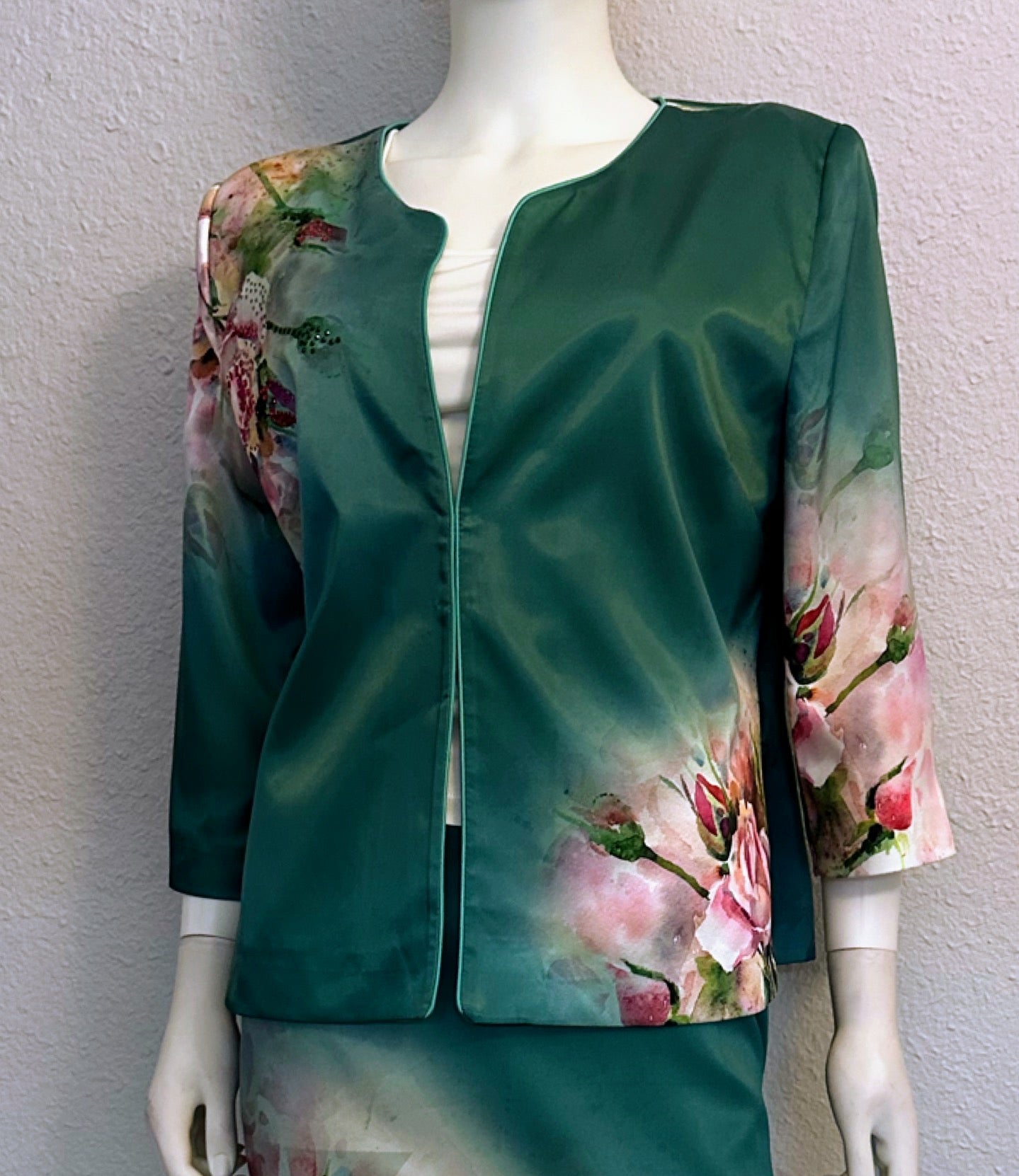NWT POLEN POE SATIN 3PC SET SUIT 3/4 SLEEVE BLAZER/PENCLE SKIRT/TOP FLORAL LINED