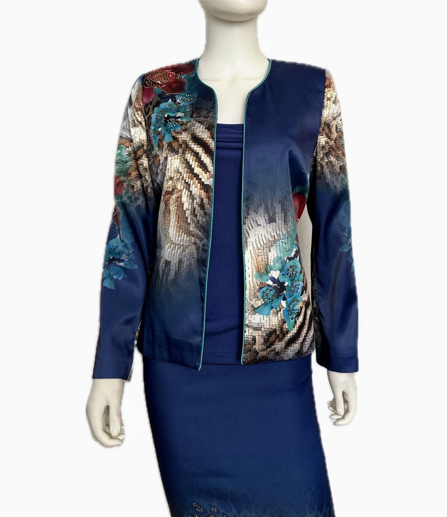 NWT Satin Skirt Suit 3Pc Set Blazer/Top/Skirt Lined Formal Long Sleeves Animal