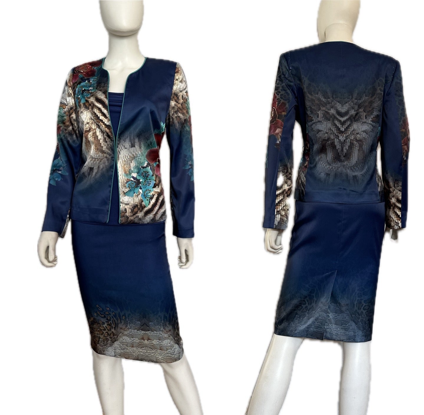 NWT Satin Skirt Suit 3Pc Set Blazer/Top/Skirt Lined Formal Long Sleeves Animal