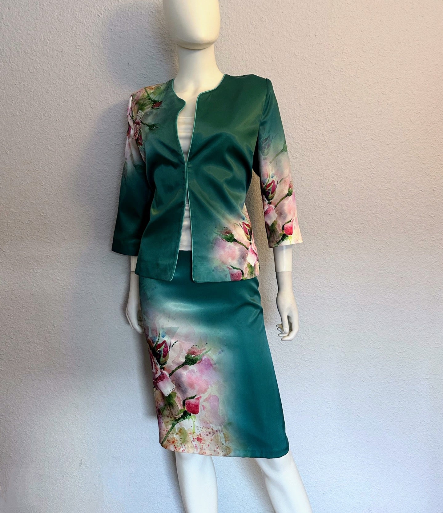 NWT POLEN POE SATIN 3PC SET SUIT 3/4 SLEEVE BLAZER/PENCLE SKIRT/TOP FLORAL LINED
