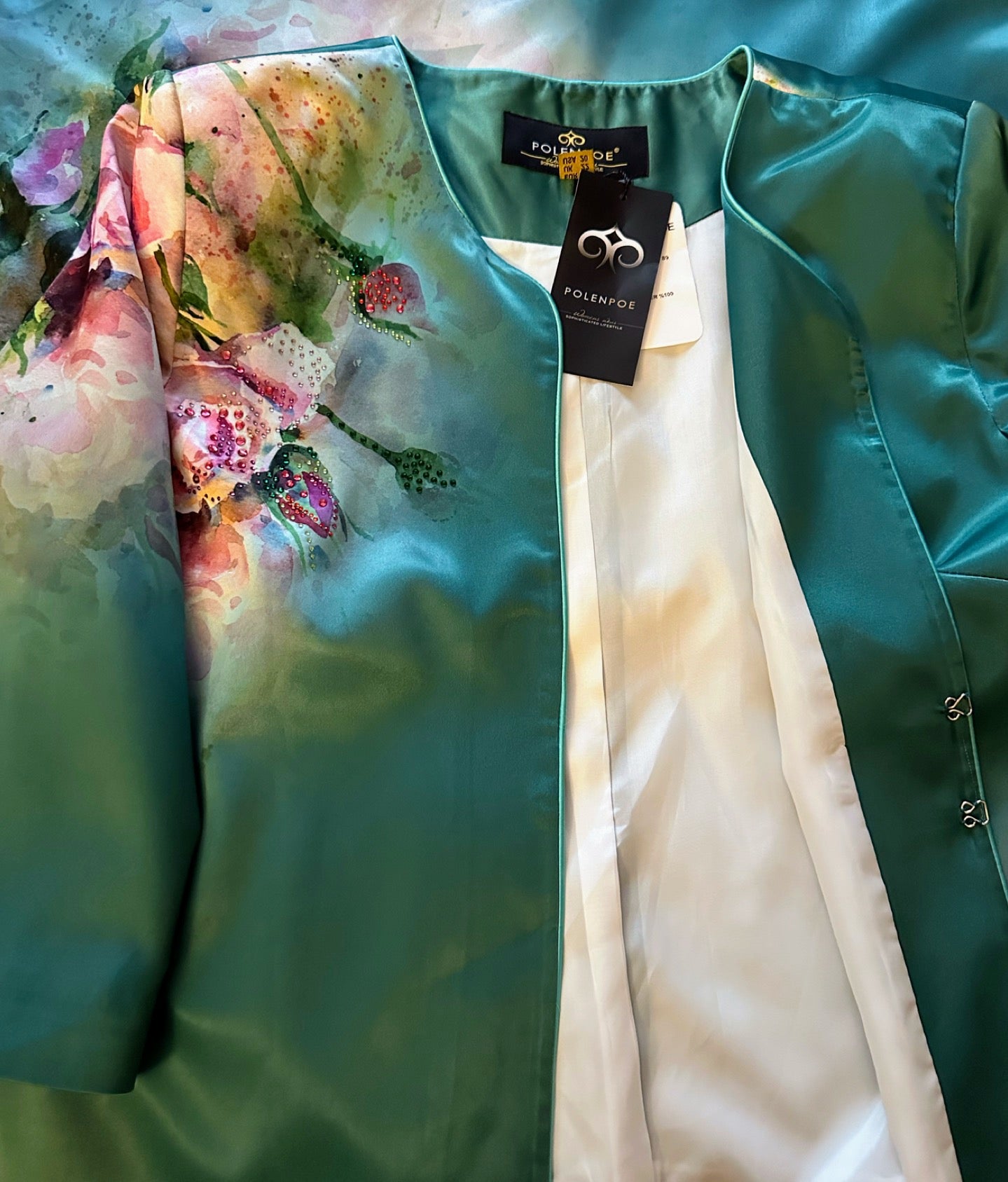 NWT POLEN POE SATIN 3PC SET SUIT 3/4 SLEEVE BLAZER/PENCLE SKIRT/TOP FLORAL LINED