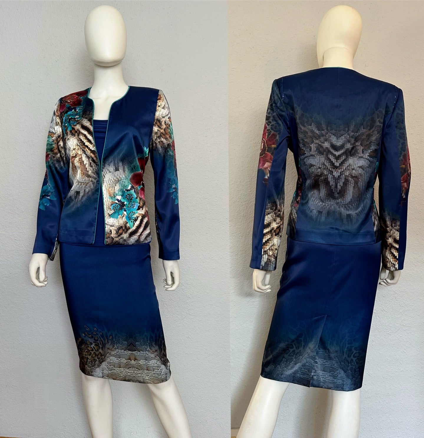 NWT Satin Skirt Suit 3Pc Set Blazer/Top/Skirt Lined Formal Long Sleeves Animal