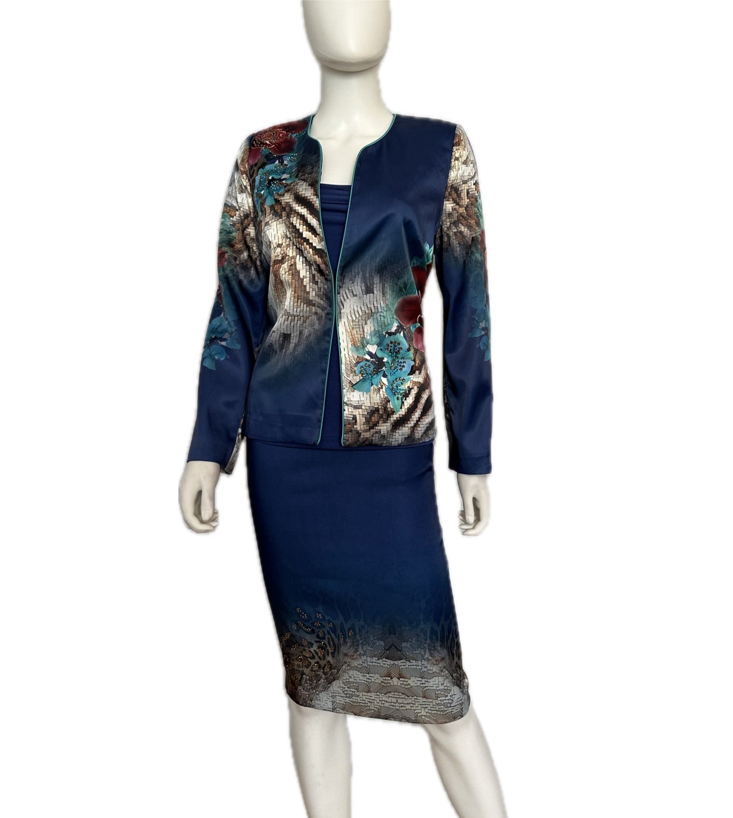 NWT Satin Skirt Suit 3Pc Set Blazer/Top/Skirt Lined Formal Long Sleeves Animal