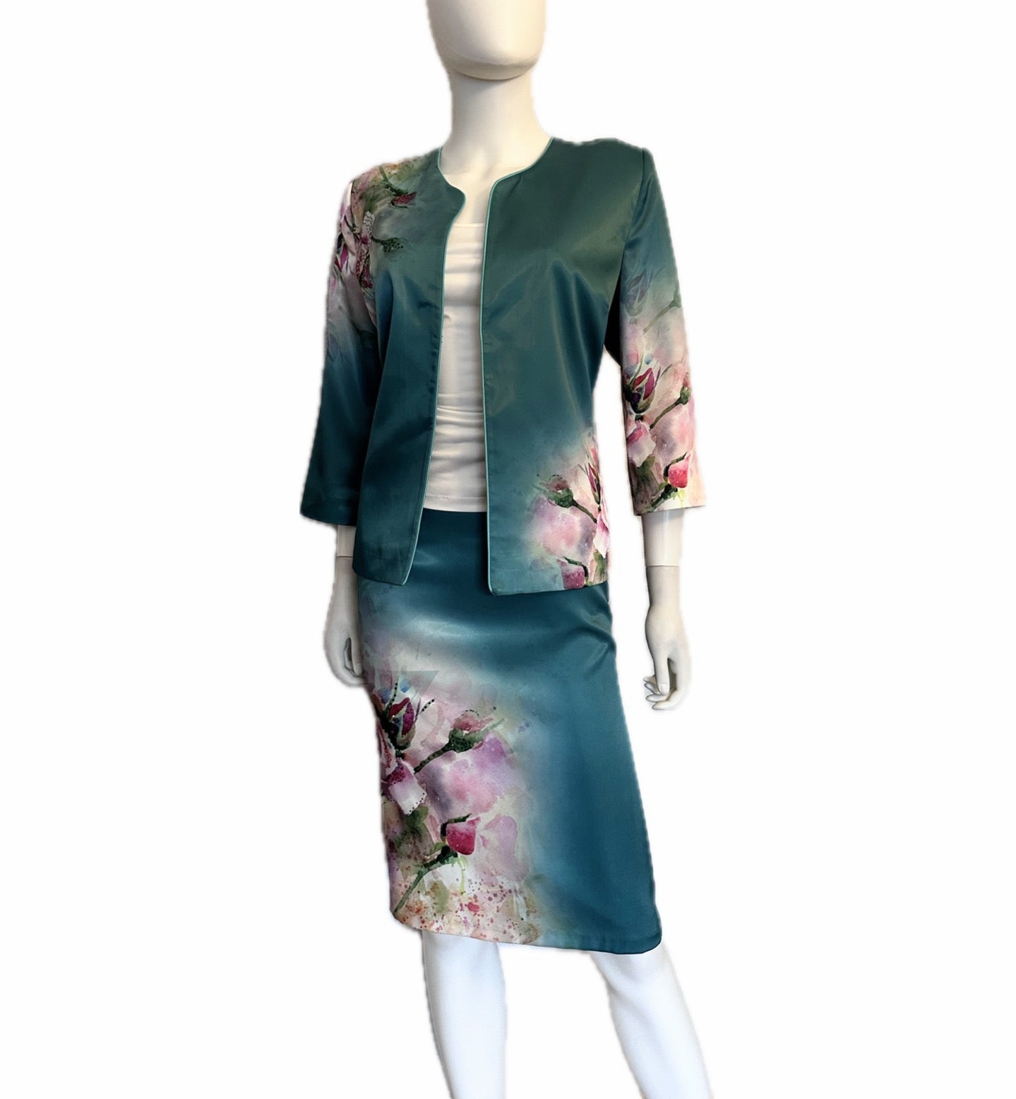 NWT POLEN POE SATIN 3PC SET SUIT 3/4 SLEEVE BLAZER/PENCLE SKIRT/TOP FLORAL LINED