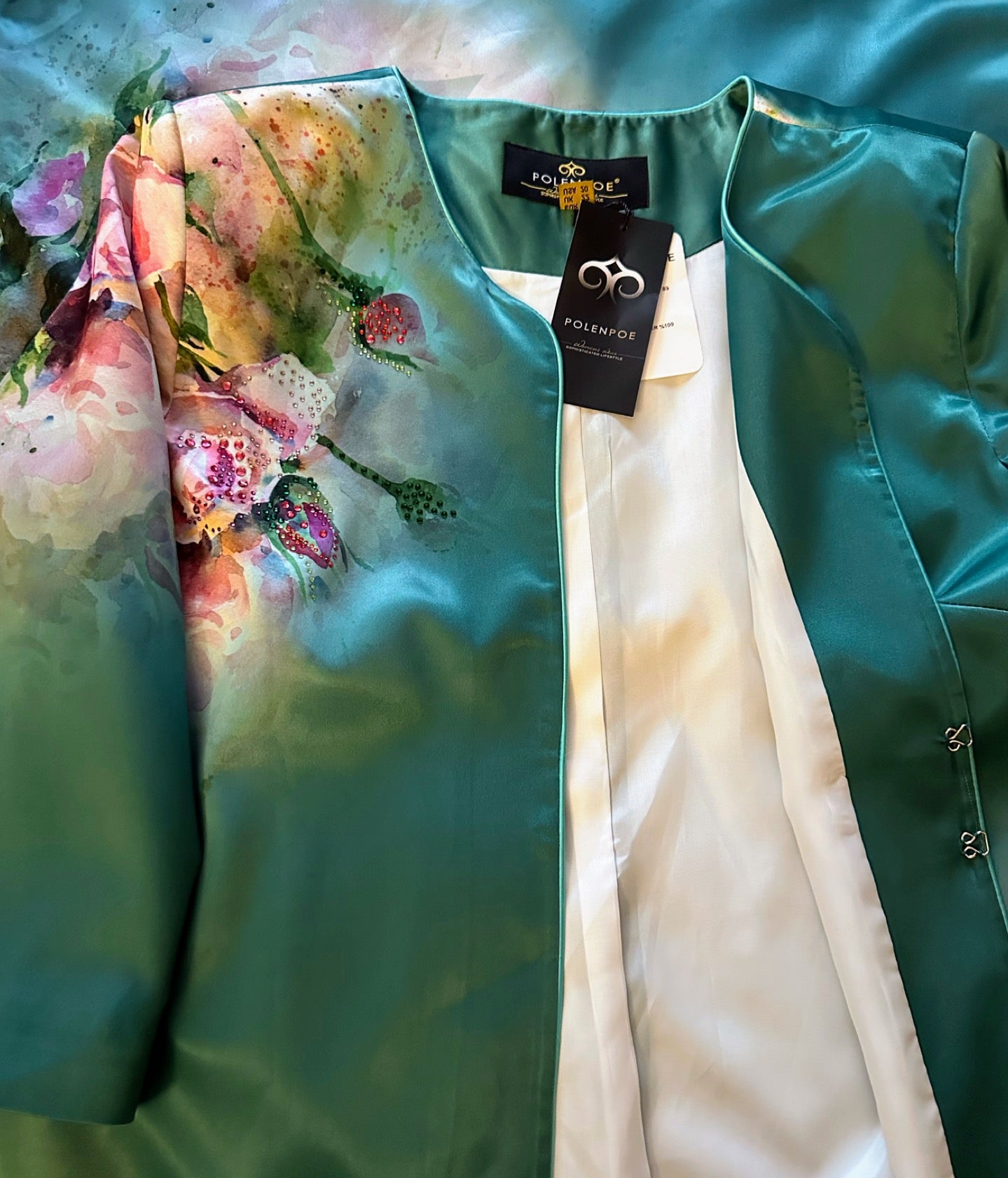NWT POLEN POE SATIN 3PC SET SUIT 3/4 SLEEVE BLAZER/PENCLE SKIRT/TOP FLORAL LINED