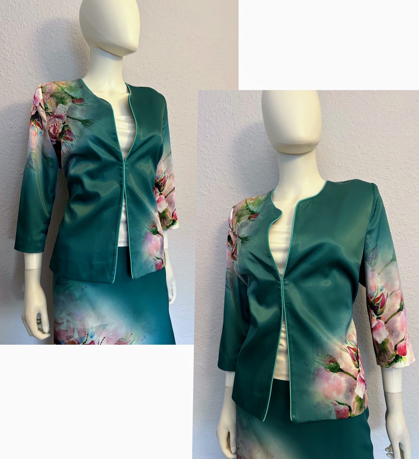 NWT POLEN POE SATIN 3PC SET SUIT 3/4 SLEEVE BLAZER/PENCLE SKIRT/TOP FLORAL LINED