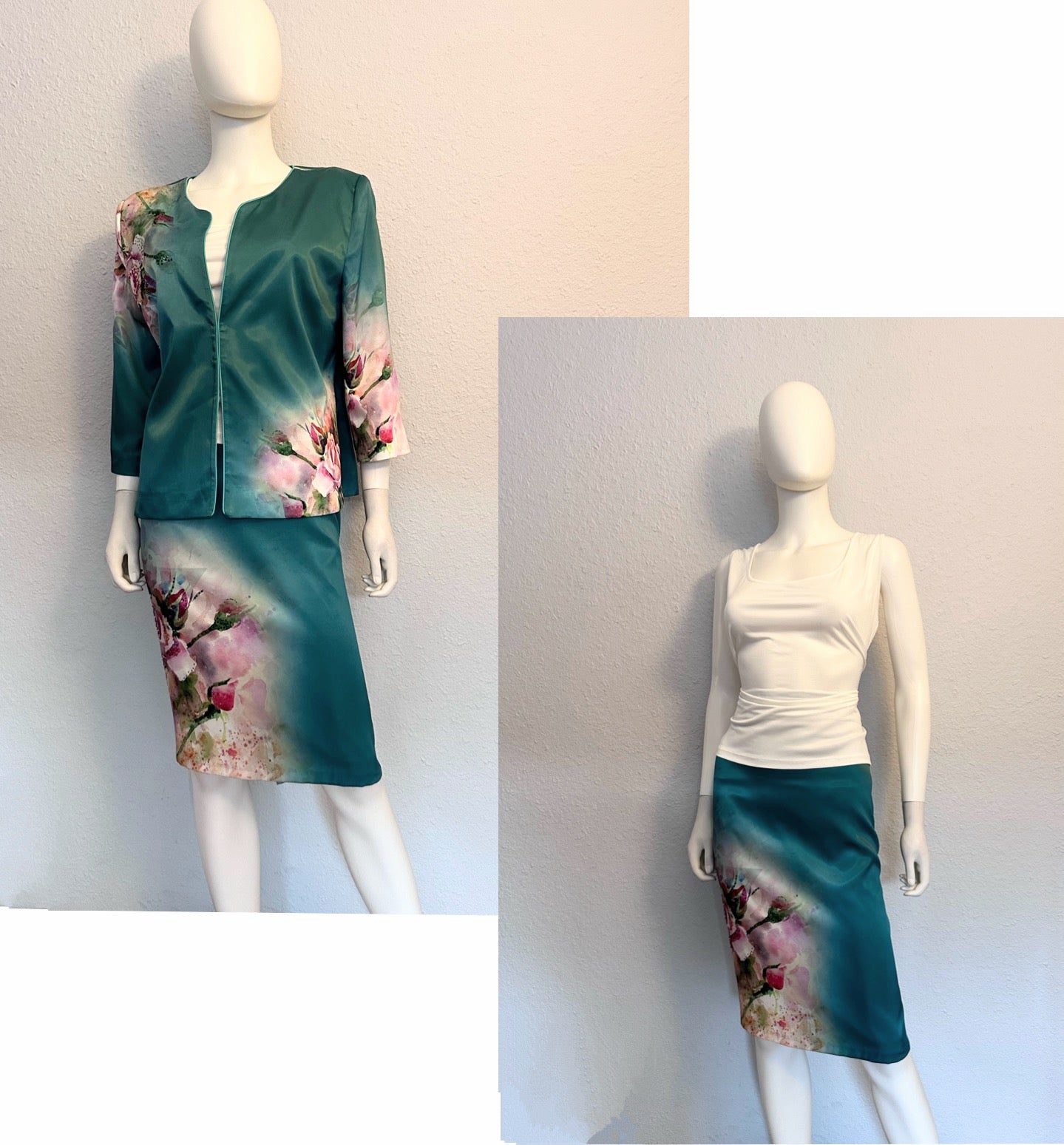 NWT POLEN POE SATIN 3PC SET SUIT 3/4 SLEEVE BLAZER/PENCLE SKIRT/TOP FLORAL LINED