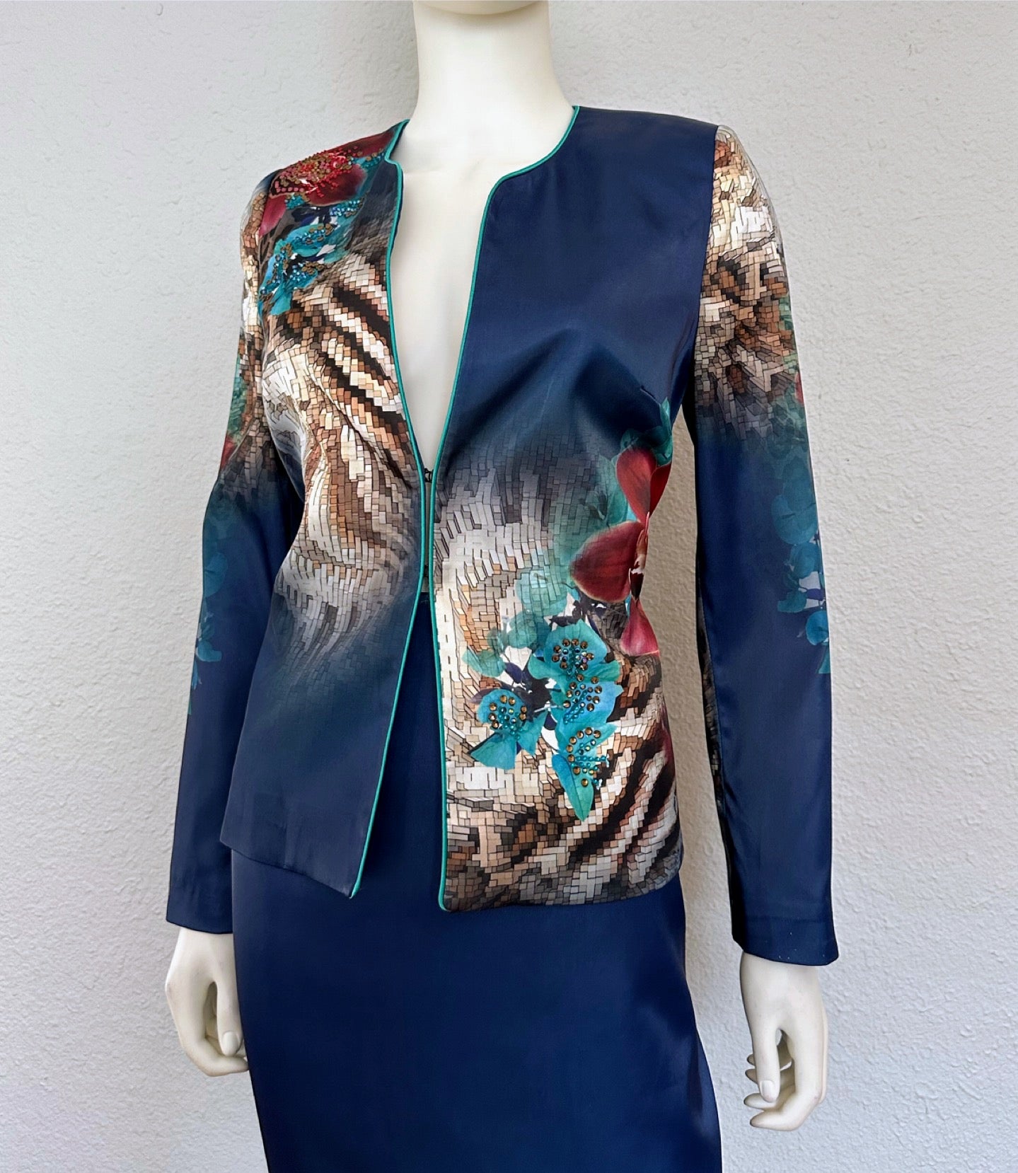 NWT Satin Skirt Suit 3Pc Set Blazer/Top/Skirt Lined Formal Long Sleeves Animal
