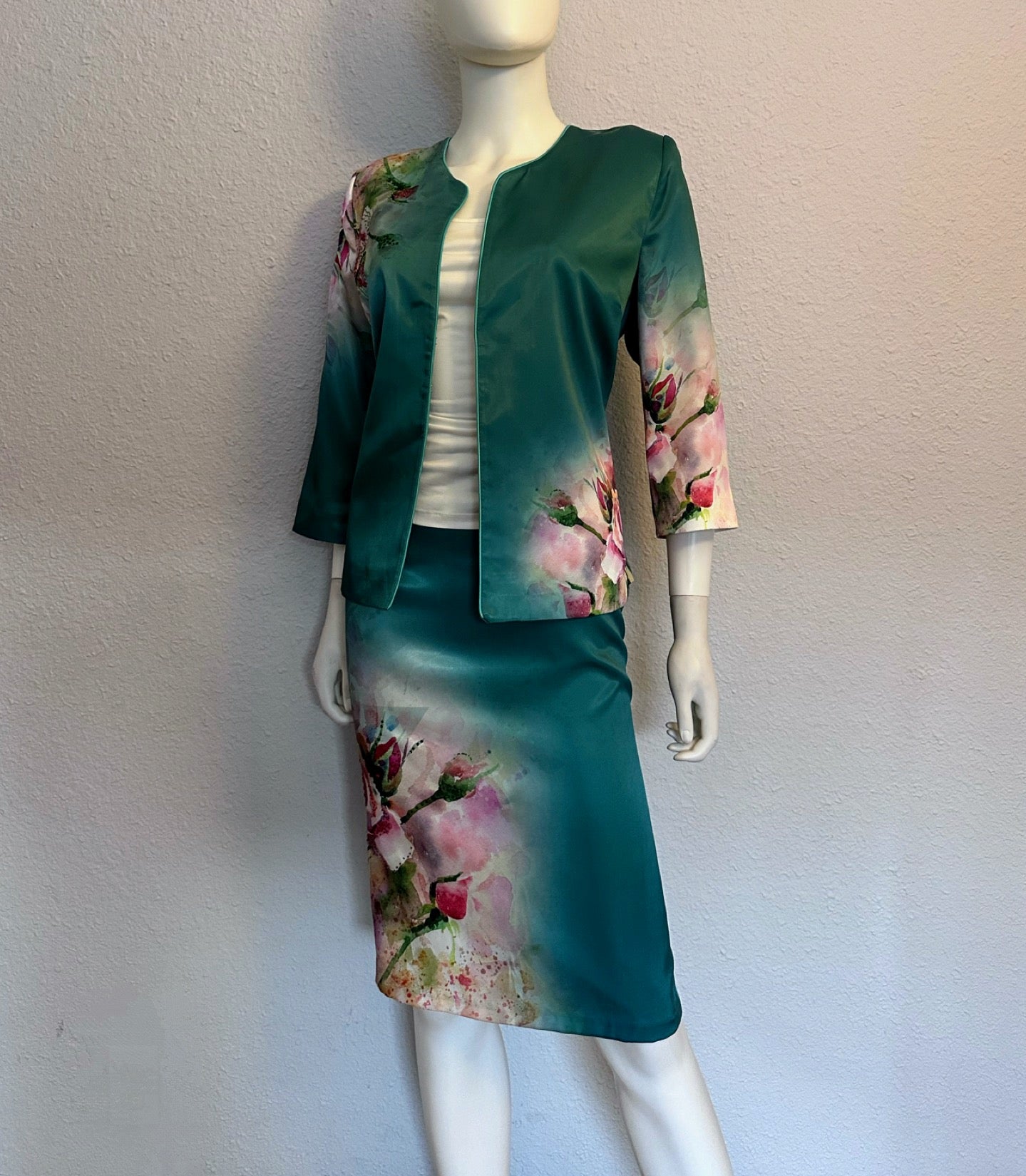 NWT POLEN POE SATIN 3PC SET SUIT 3/4 SLEEVE BLAZER/PENCLE SKIRT/TOP FLORAL LINED