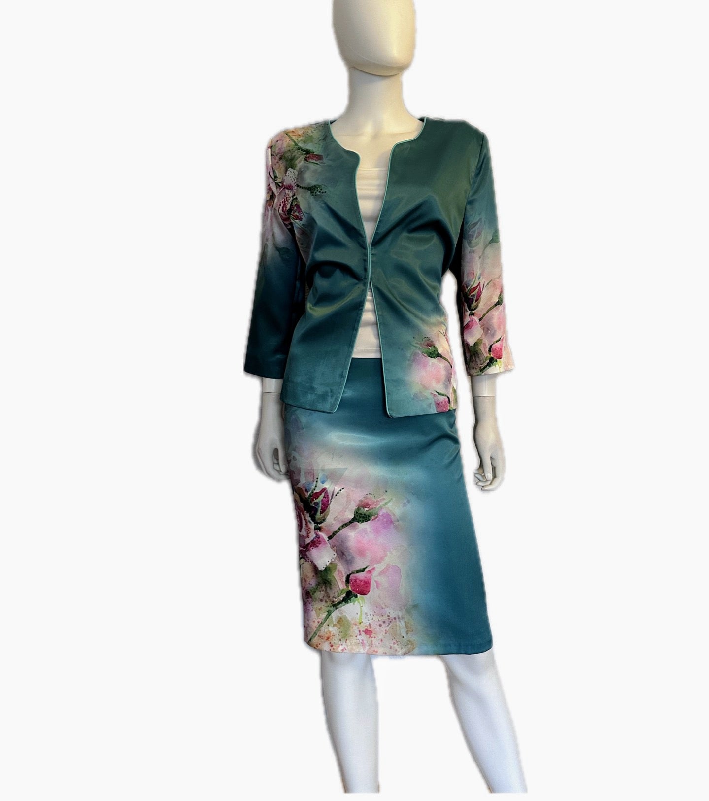 NWT POLEN POE SATIN 3PC SET SUIT 3/4 SLEEVE BLAZER/PENCLE SKIRT/TOP FLORAL LINED