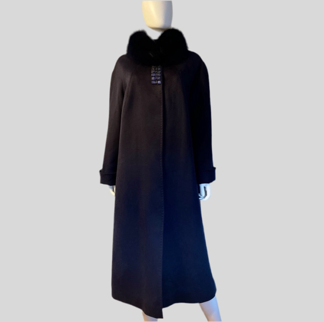 WOMEN PLUS SIZE LONG COAT CASHMERE BLEND NAVY REAL FUR RAGLAN SLEEVES OVERSIZED