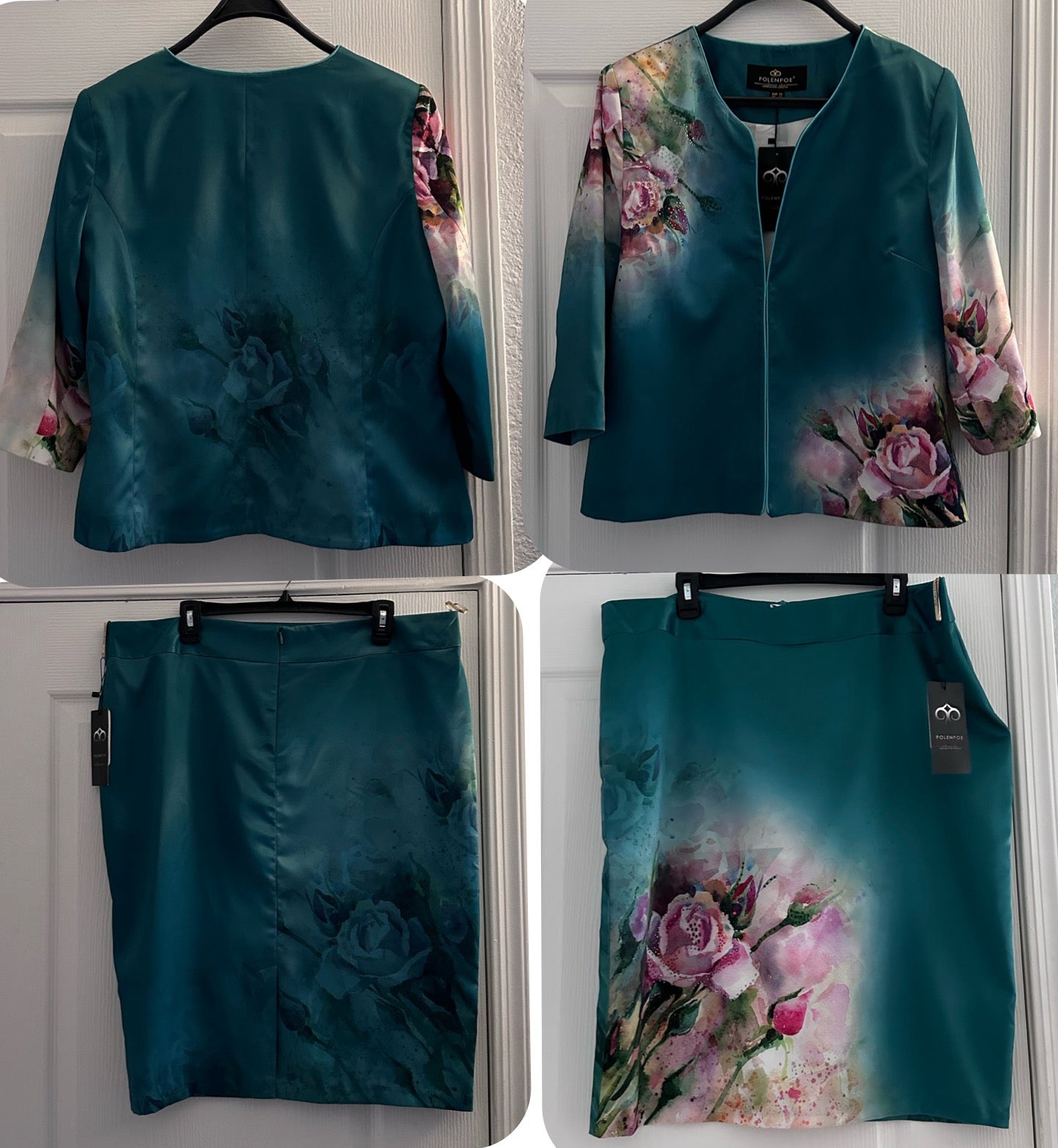 NWT POLEN POE SATIN 3PC SET SUIT 3/4 SLEEVE BLAZER/PENCLE SKIRT/TOP FLORAL LINED