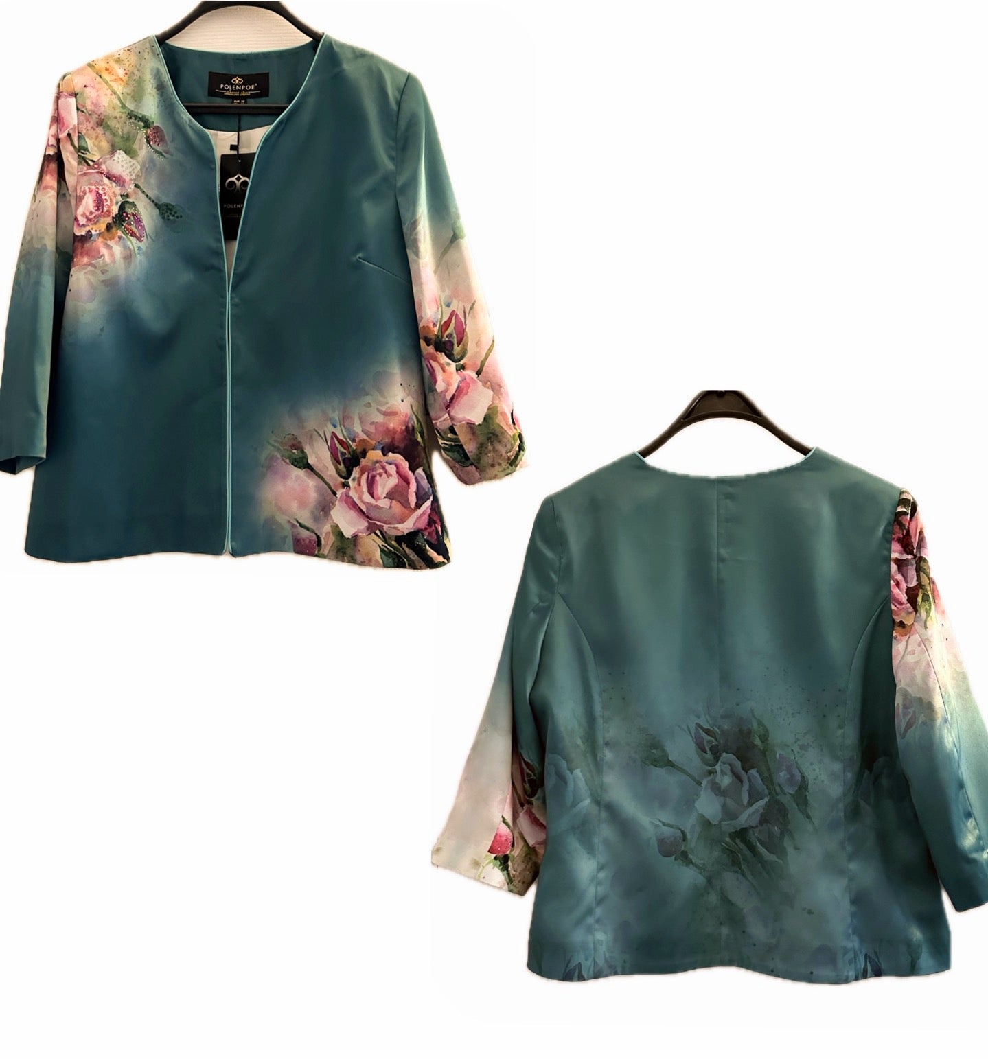 NWT POLEN POE SATIN 3PC SET SUIT 3/4 SLEEVE BLAZER/PENCLE SKIRT/TOP FLORAL LINED