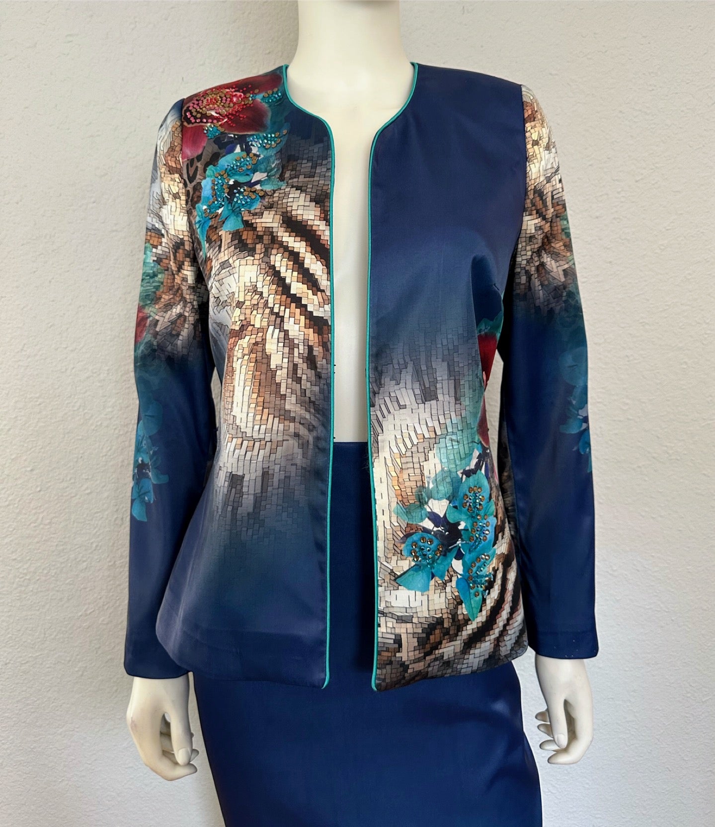 NWT Satin Skirt Suit 3Pc Set Blazer/Top/Skirt Lined Formal Long Sleeves Animal