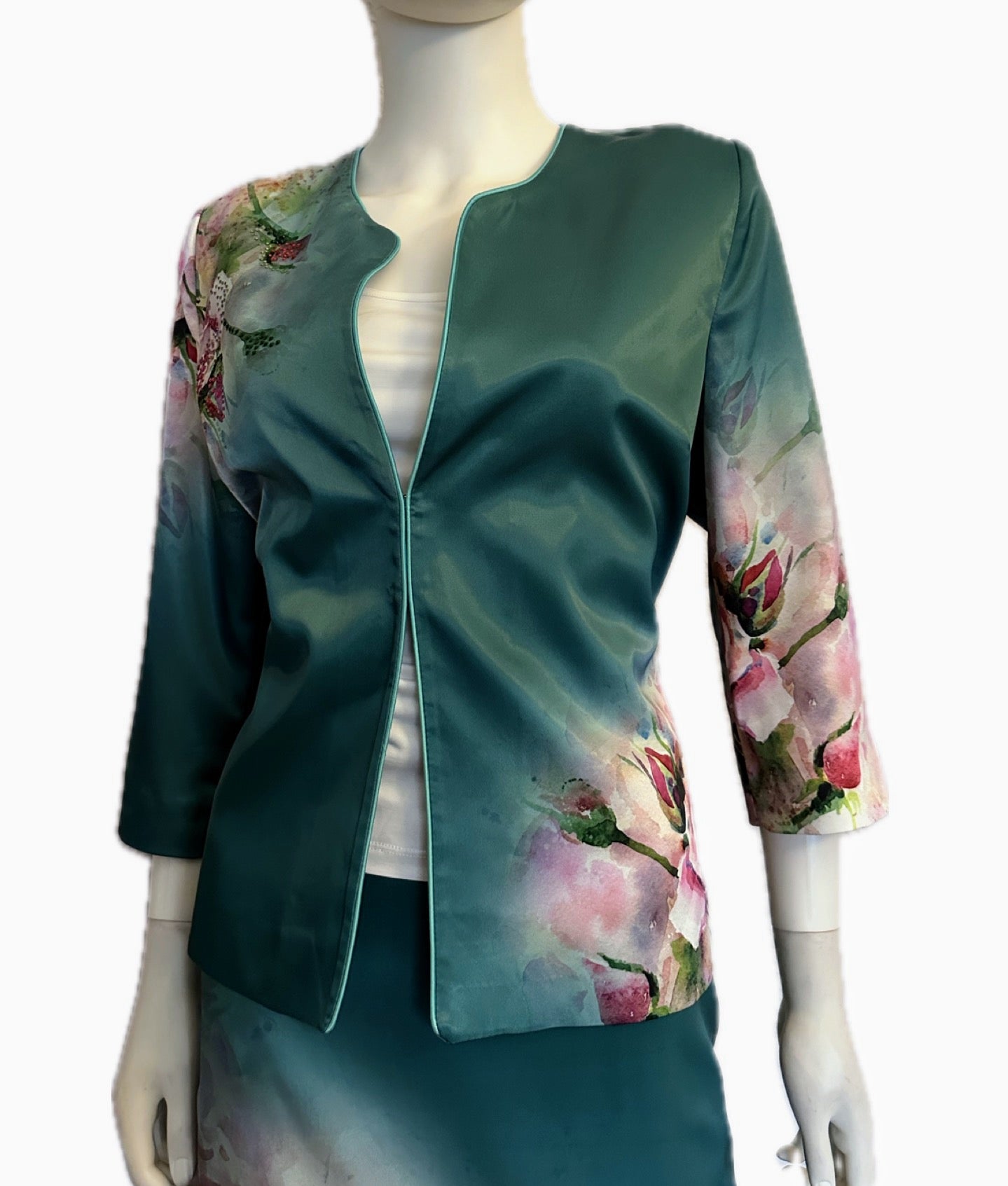 NWT POLEN POE SATIN 3PC SET SUIT 3/4 SLEEVE BLAZER/PENCLE SKIRT/TOP FLORAL LINED