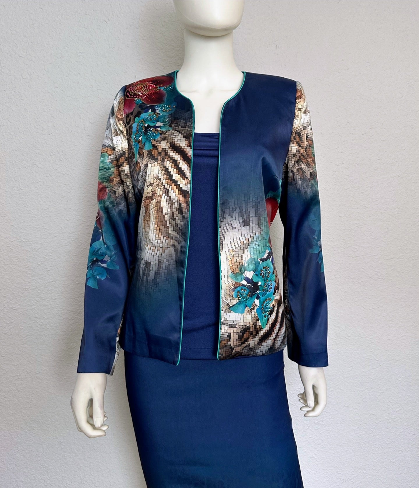 NWT Satin Skirt Suit 3Pc Set Blazer/Top/Skirt Lined Formal Long Sleeves Animal