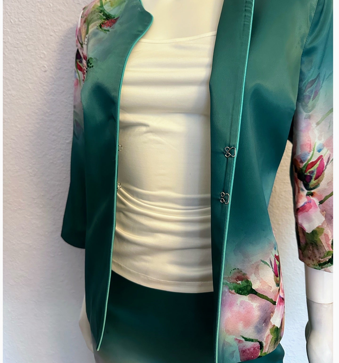 NWT POLEN POE SATIN 3PC SET SUIT 3/4 SLEEVE BLAZER/PENCLE SKIRT/TOP FLORAL LINED