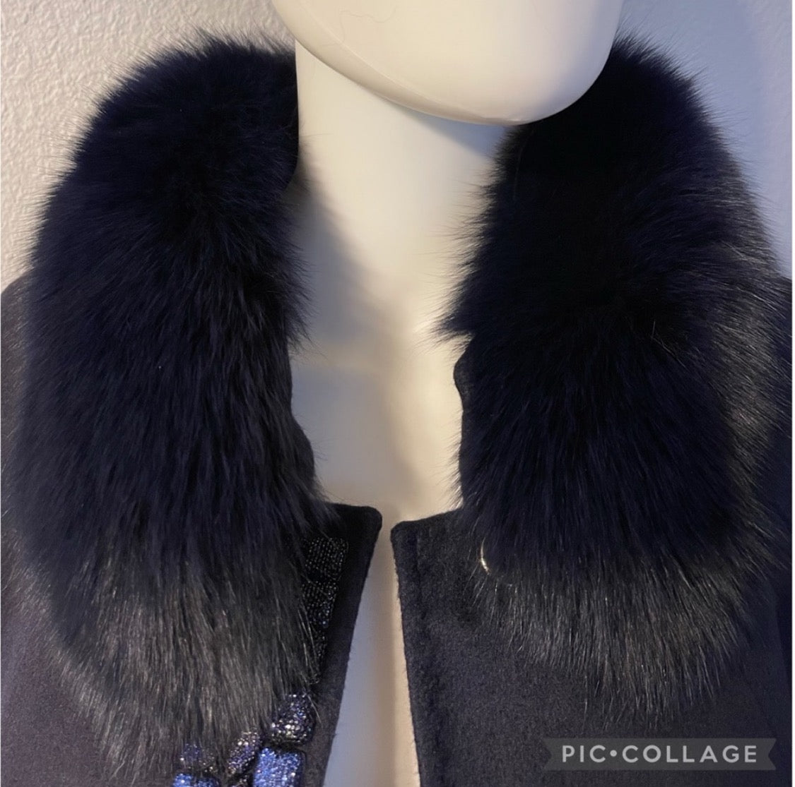 WOMEN PLUS SIZE LONG COAT CASHMERE BLEND NAVY REAL FUR RAGLAN SLEEVES OVERSIZED