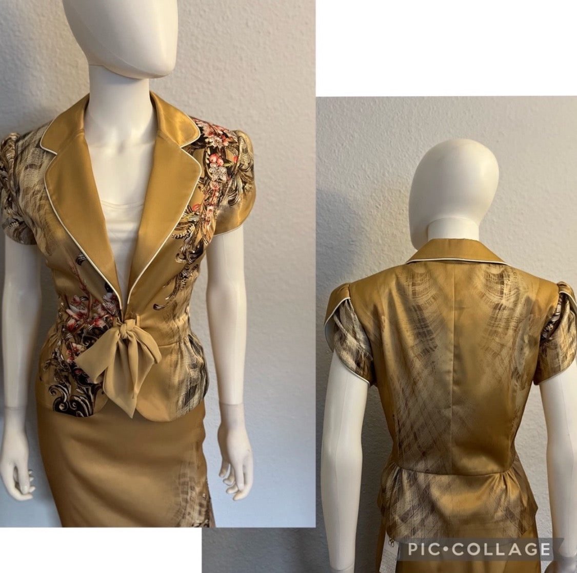 WOMEN SATIN SKIRT SUIT SET BLAZER/SKIRT/TOP FLORAL PRINT TIE FRONT FORMAL