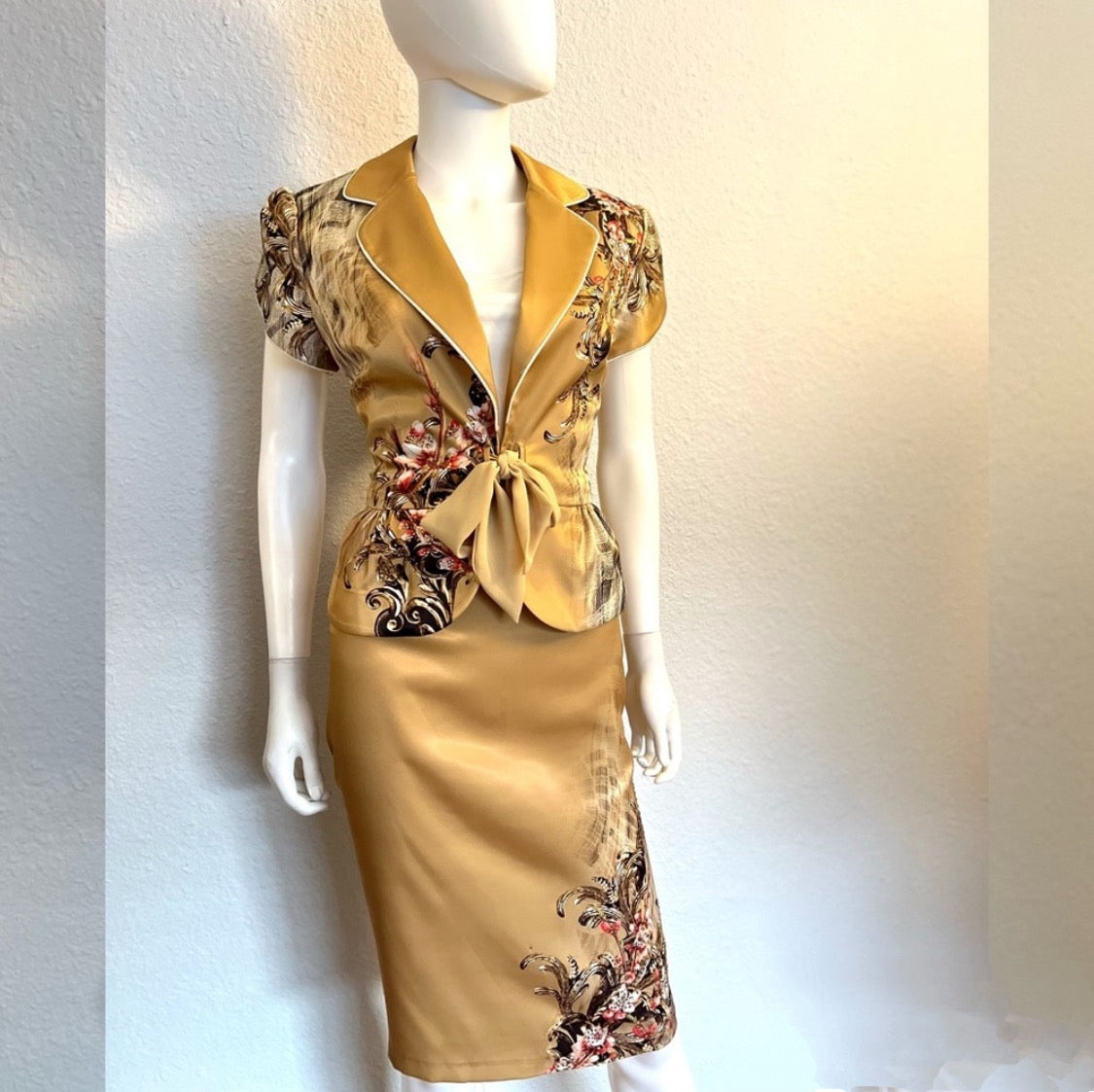 WOMEN SATIN SKIRT SUIT SET BLAZER/SKIRT/TOP FLORAL PRINT TIE FRONT FORMAL