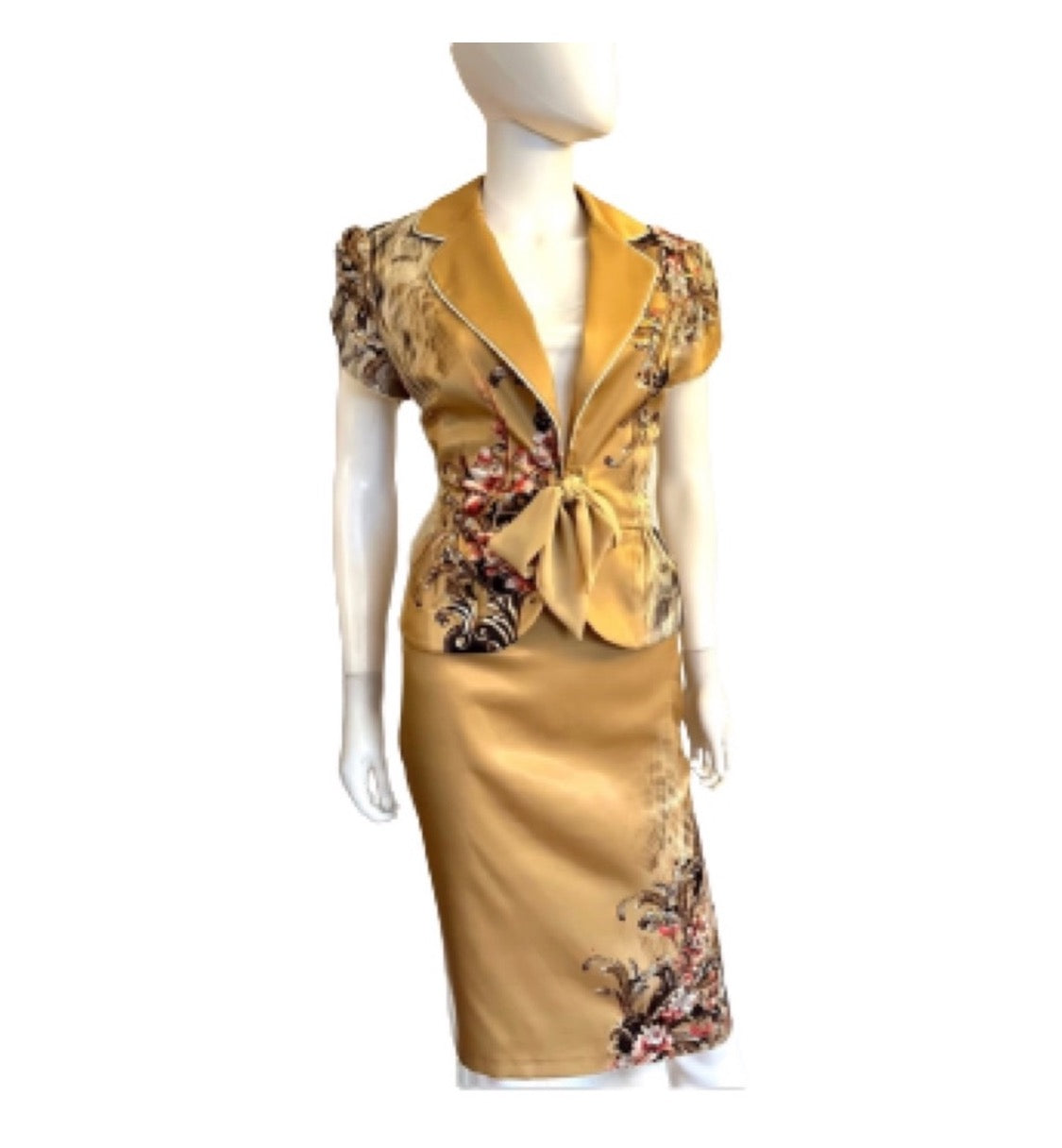 WOMEN SATIN SKIRT SUIT SET BLAZER/SKIRT/TOP FLORAL PRINT TIE FRONT FORMAL