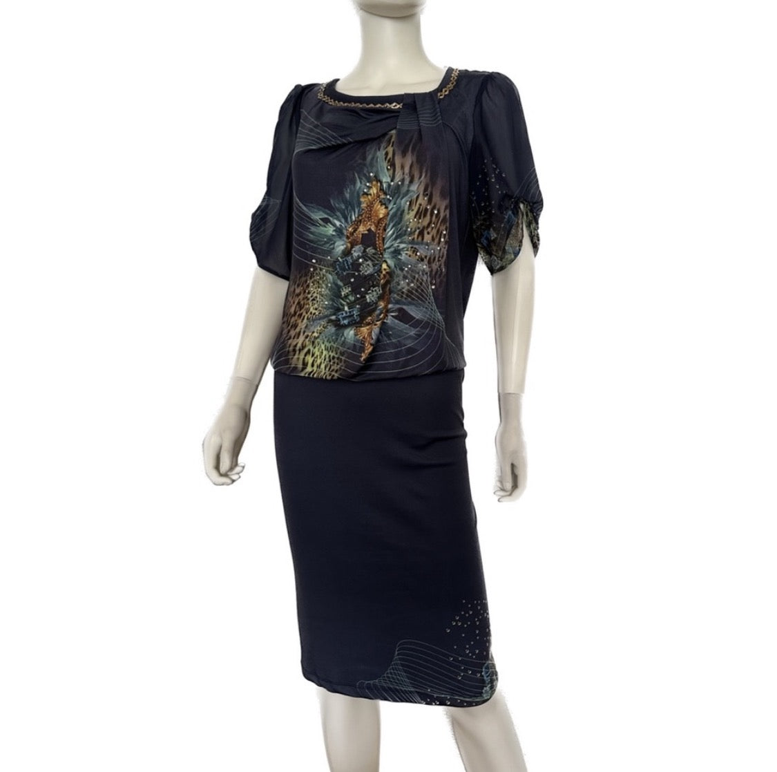 NWT POLEN POE FORMAL DRESS LOOSE CHIFFON TOP/STRETCHY BOTTOM SHORT SLEEVES