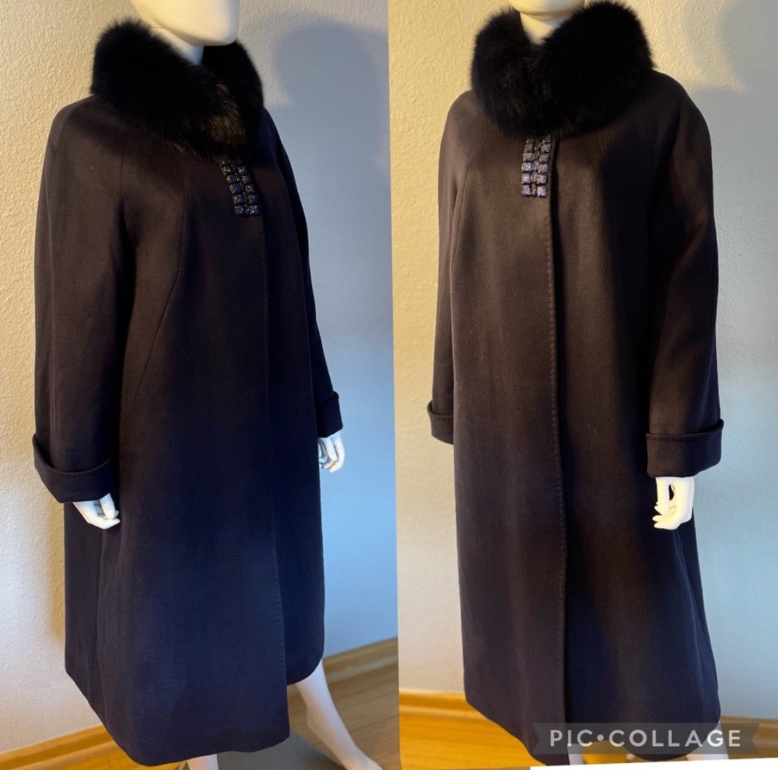 WOMEN PLUS SIZE LONG COAT CASHMERE BLEND NAVY REAL FUR RAGLAN SLEEVES OVERSIZED