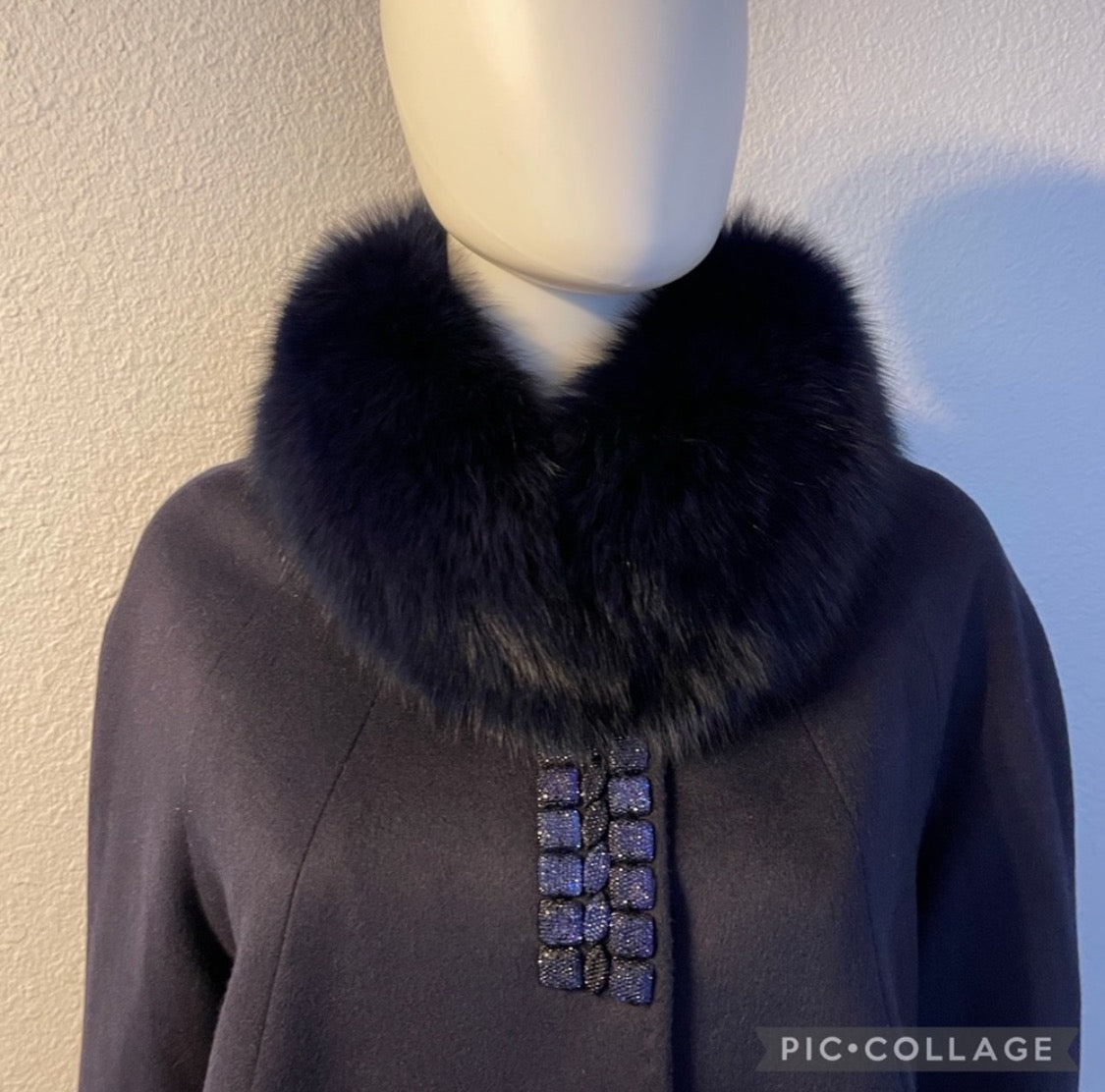 WOMEN PLUS SIZE LONG COAT CASHMERE BLEND NAVY REAL FUR RAGLAN SLEEVES OVERSIZED