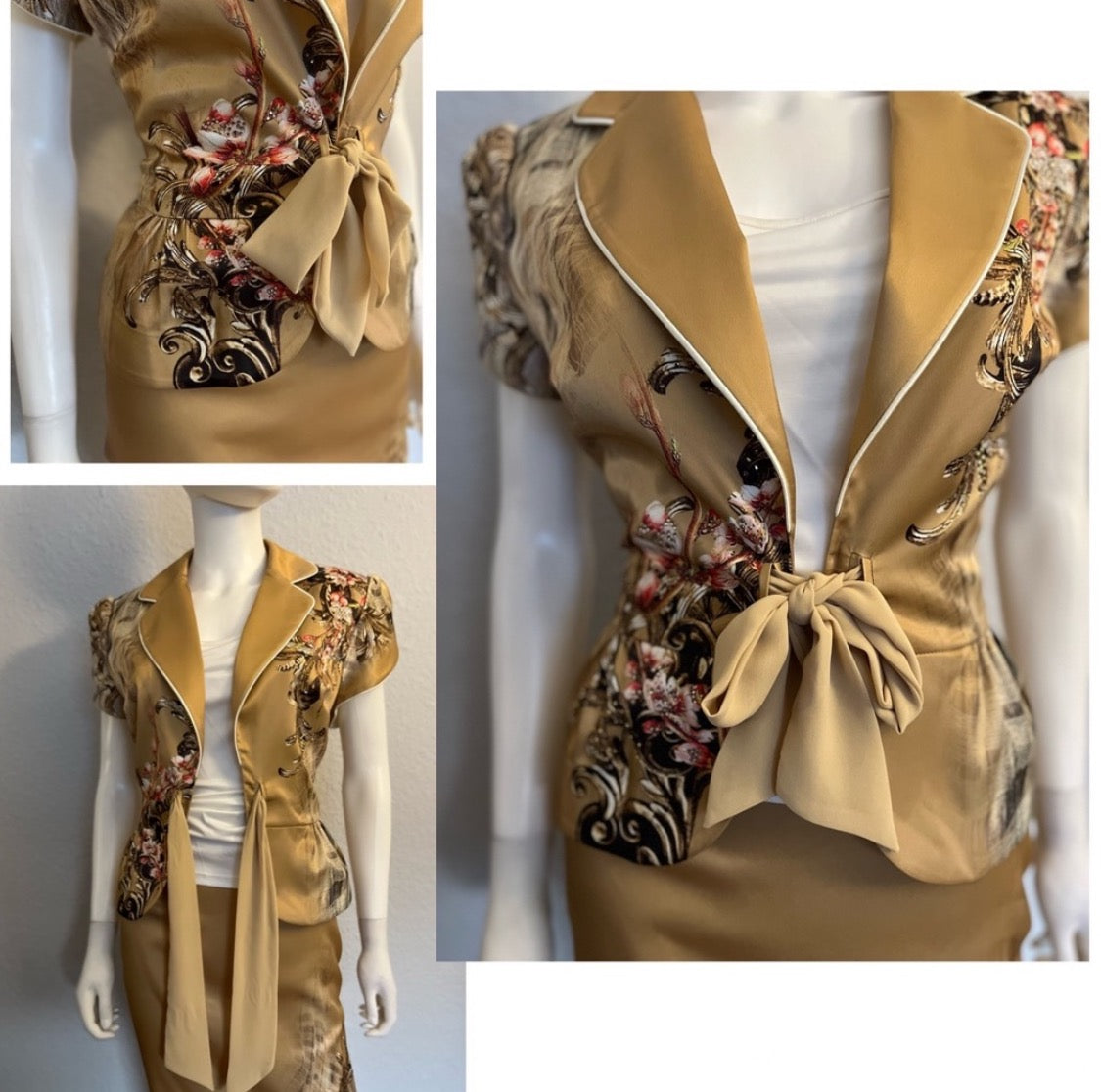 WOMEN SATIN SKIRT SUIT SET BLAZER/SKIRT/TOP FLORAL PRINT TIE FRONT FORMAL