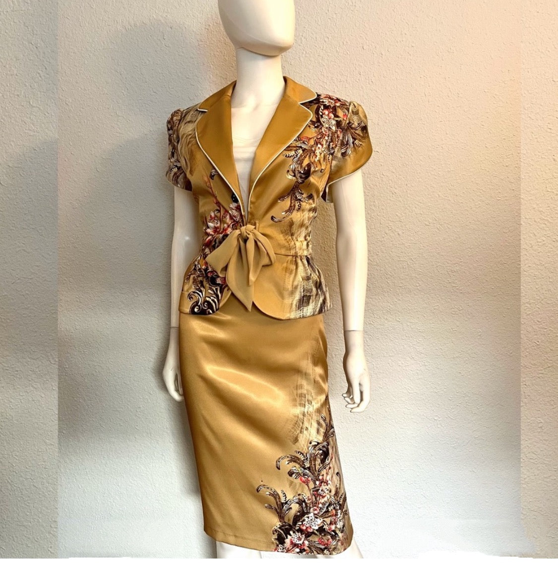 WOMEN SATIN SKIRT SUIT SET BLAZER/SKIRT/TOP FLORAL PRINT TIE FRONT FORMAL