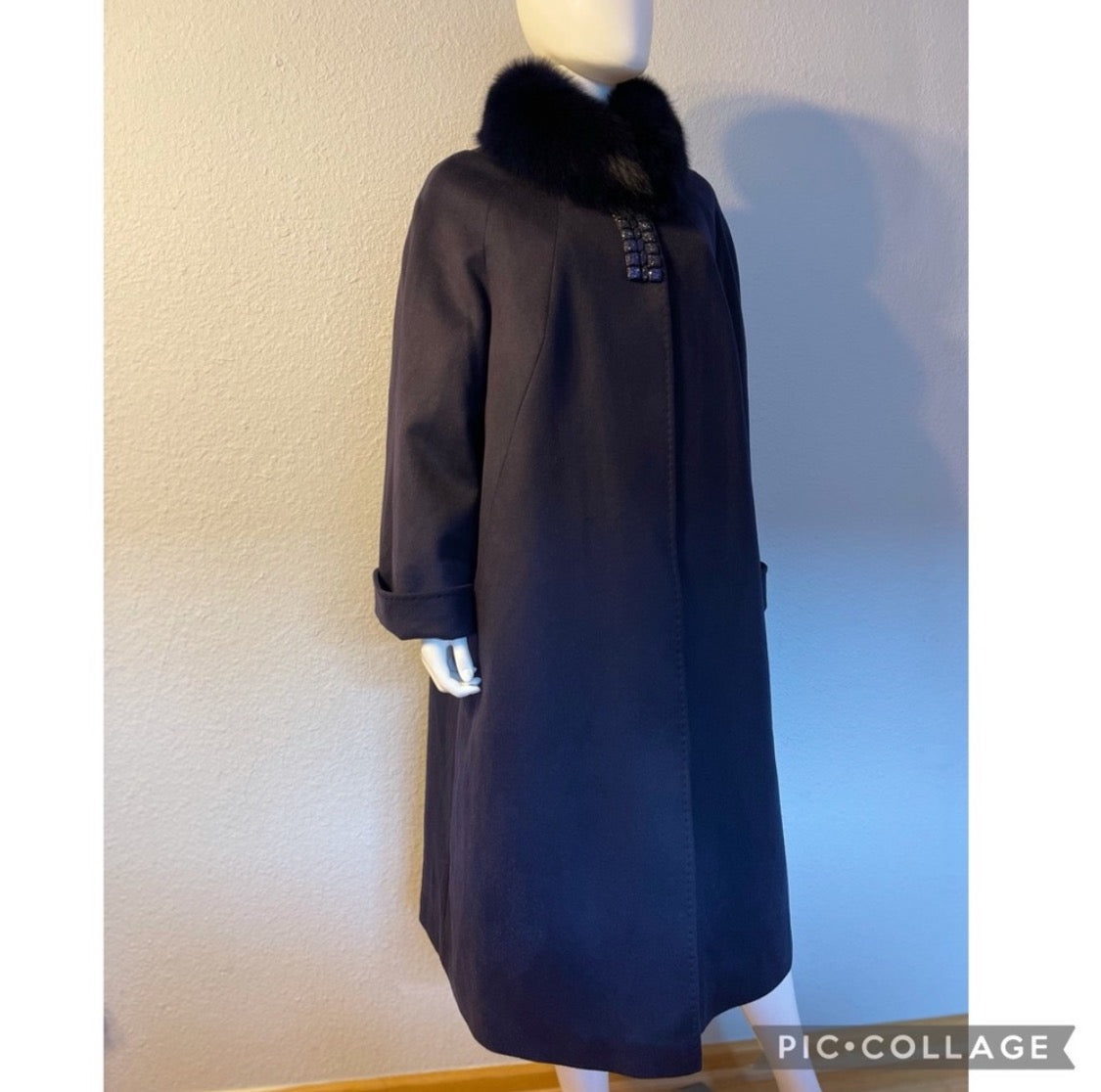 WOMEN PLUS SIZE LONG COAT CASHMERE BLEND NAVY REAL FUR RAGLAN SLEEVES OVERSIZED