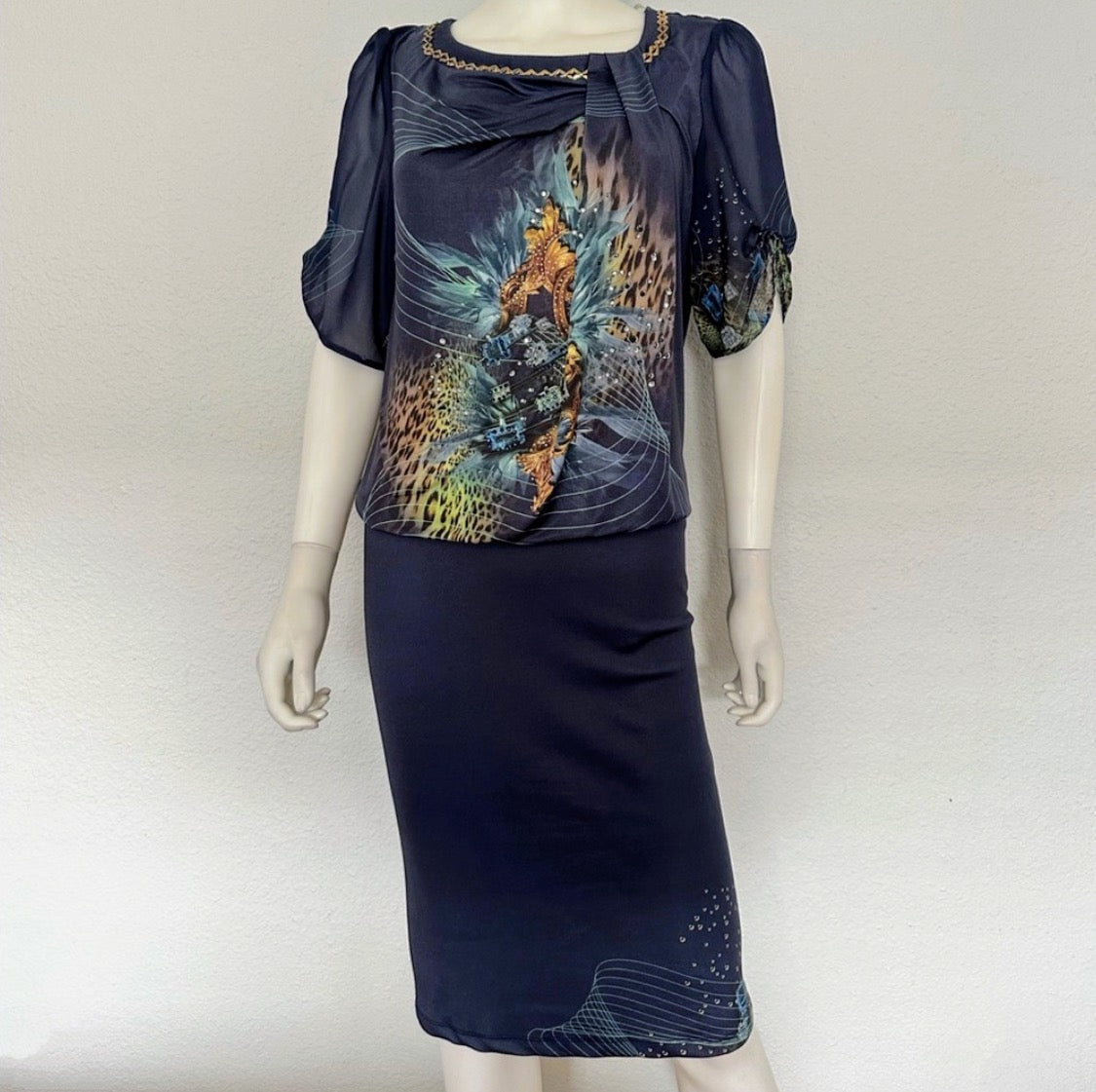 NWT POLEN POE FORMAL DRESS LOOSE CHIFFON TOP/STRETCHY BOTTOM SHORT SLEEVES
