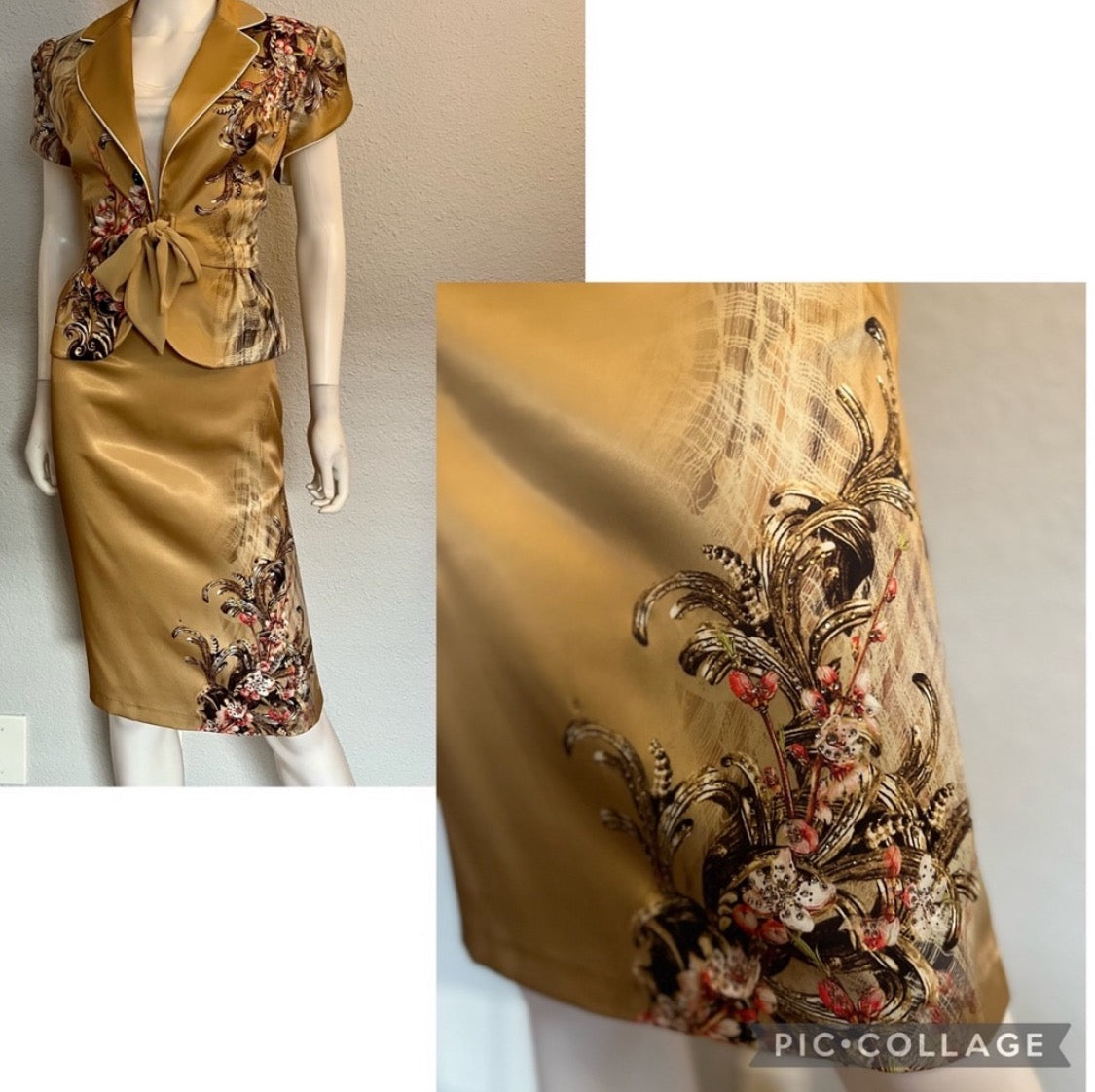 WOMEN SATIN SKIRT SUIT SET BLAZER/SKIRT/TOP FLORAL PRINT TIE FRONT FORMAL