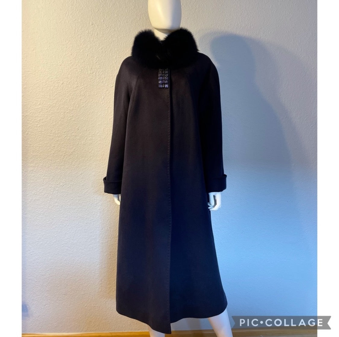 WOMEN PLUS SIZE LONG COAT CASHMERE BLEND NAVY REAL FUR RAGLAN SLEEVES OVERSIZED