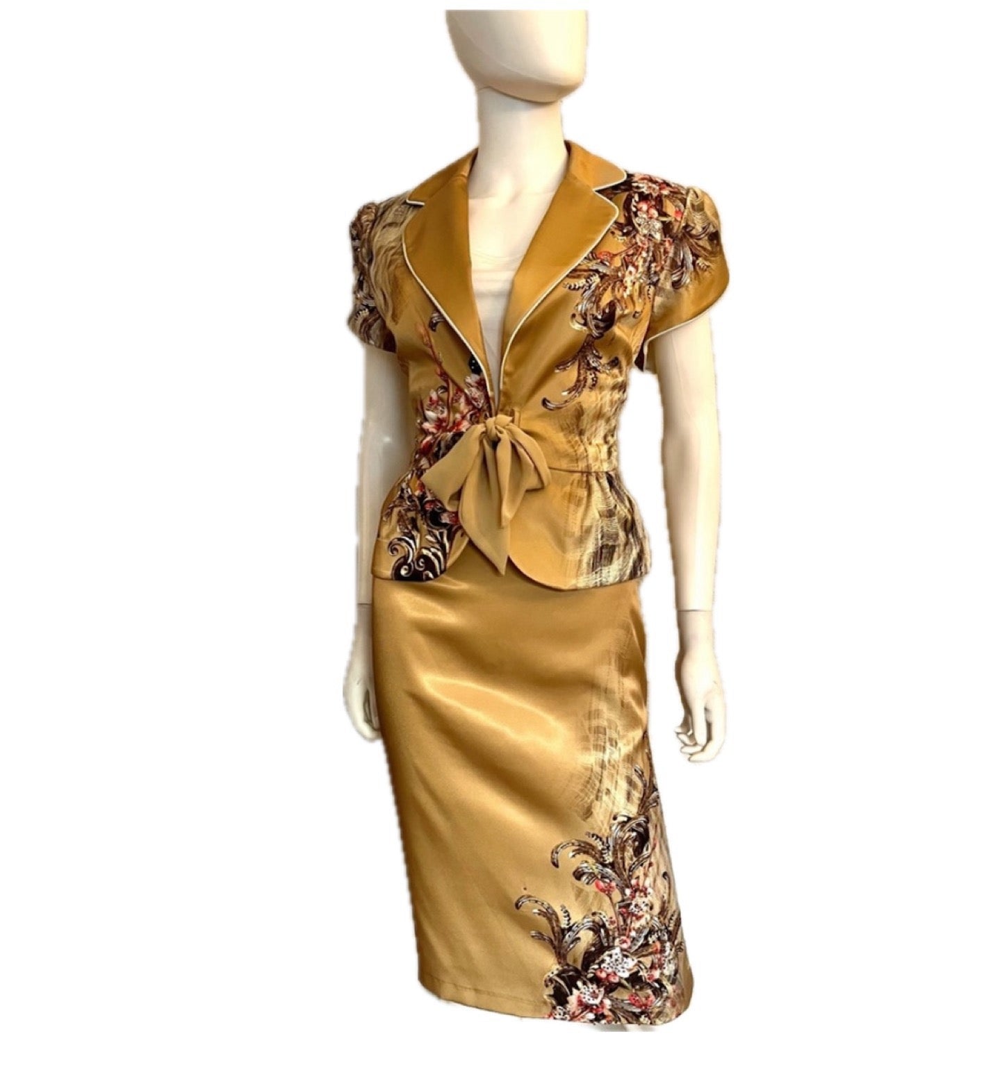 WOMEN SATIN SKIRT SUIT SET BLAZER/SKIRT/TOP FLORAL PRINT TIE FRONT FORMAL