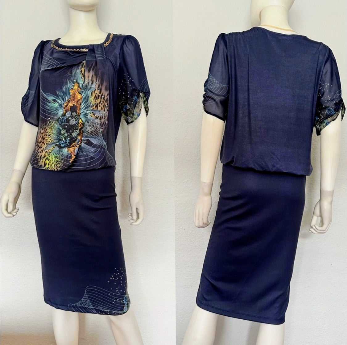 NWT POLEN POE FORMAL DRESS LOOSE CHIFFON TOP/STRETCHY BOTTOM SHORT SLEEVES