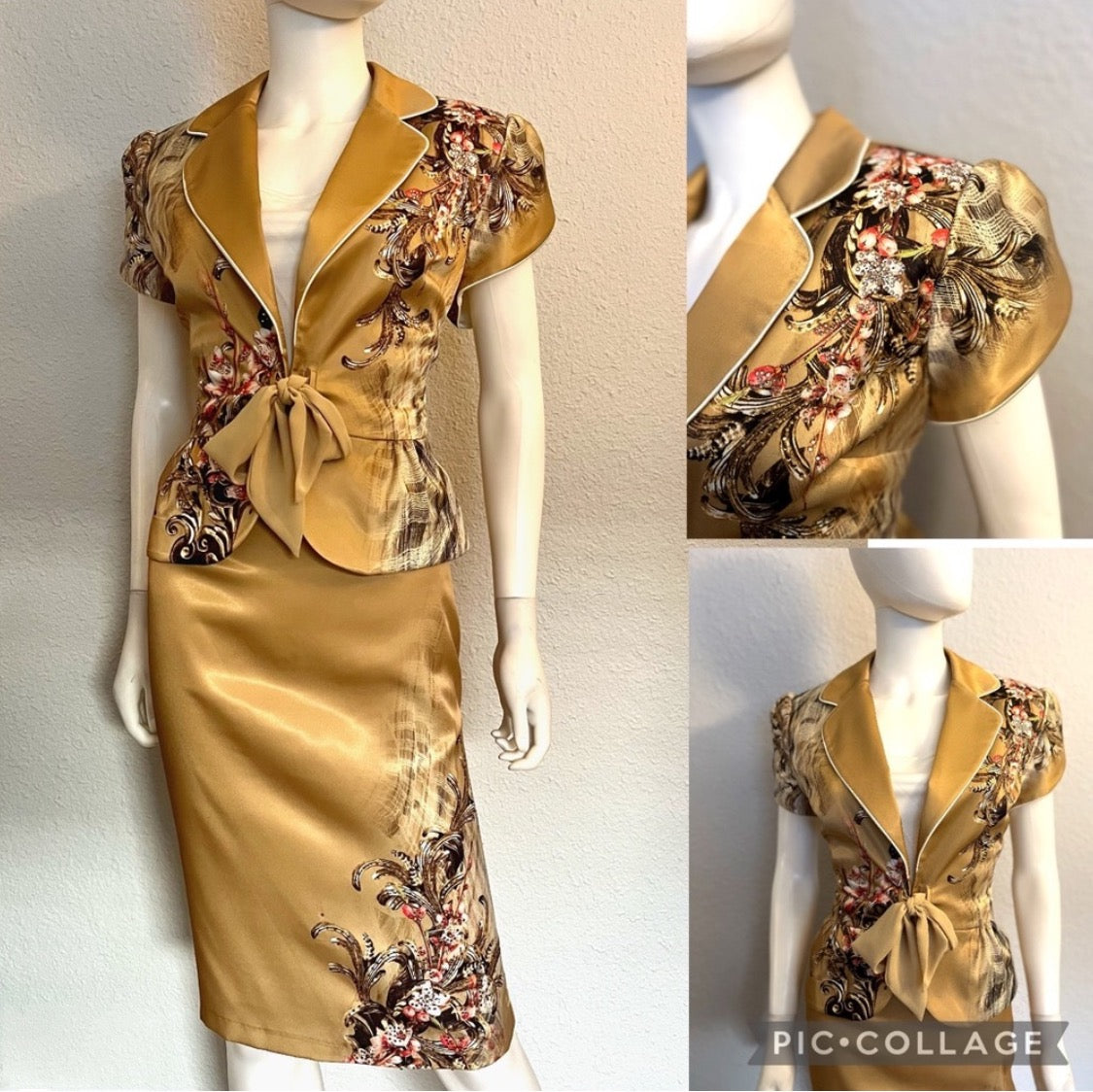 WOMEN SATIN SKIRT SUIT SET BLAZER/SKIRT/TOP FLORAL PRINT TIE FRONT FORMAL