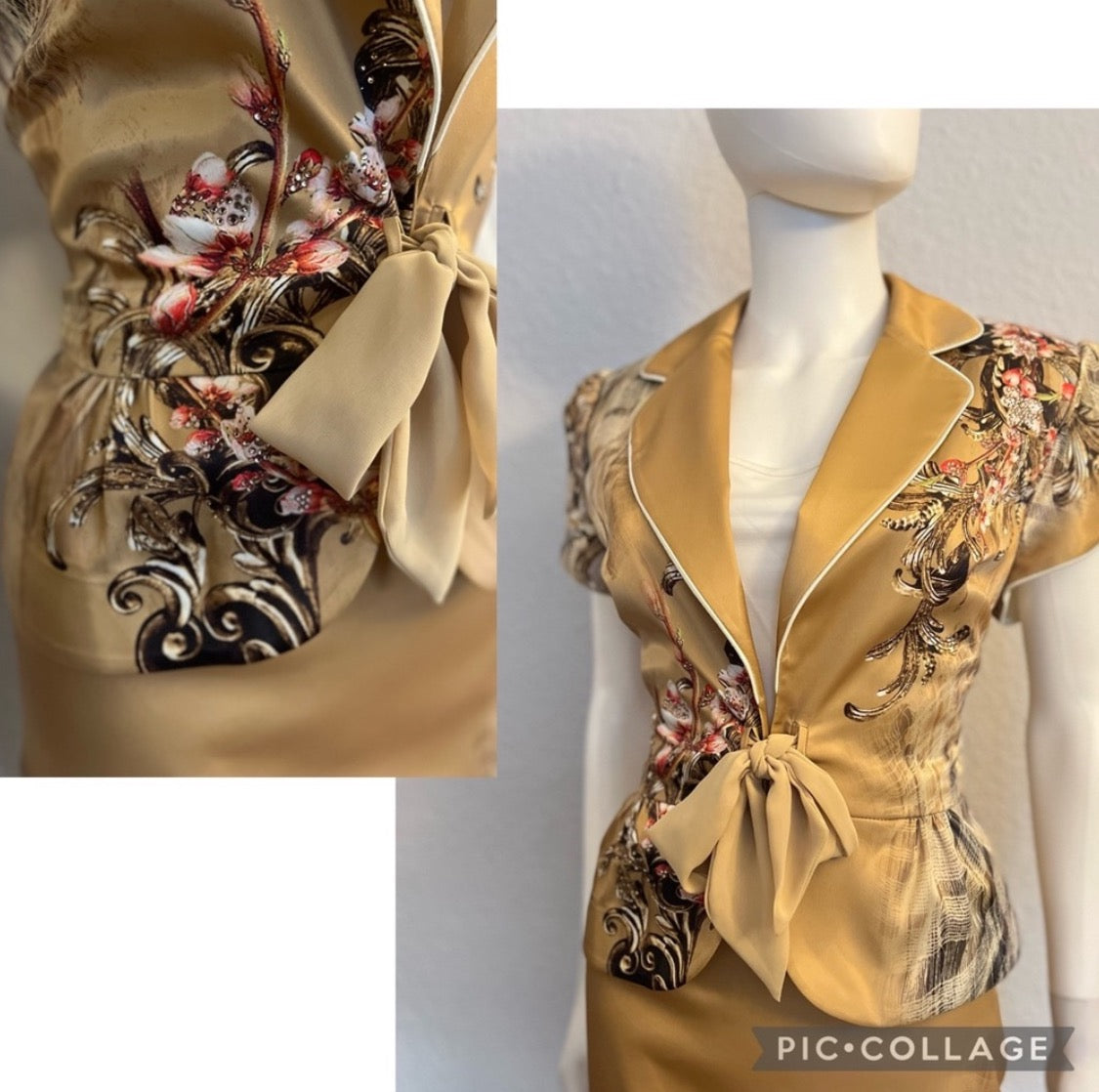 WOMEN SATIN SKIRT SUIT SET BLAZER/SKIRT/TOP FLORAL PRINT TIE FRONT FORMAL
