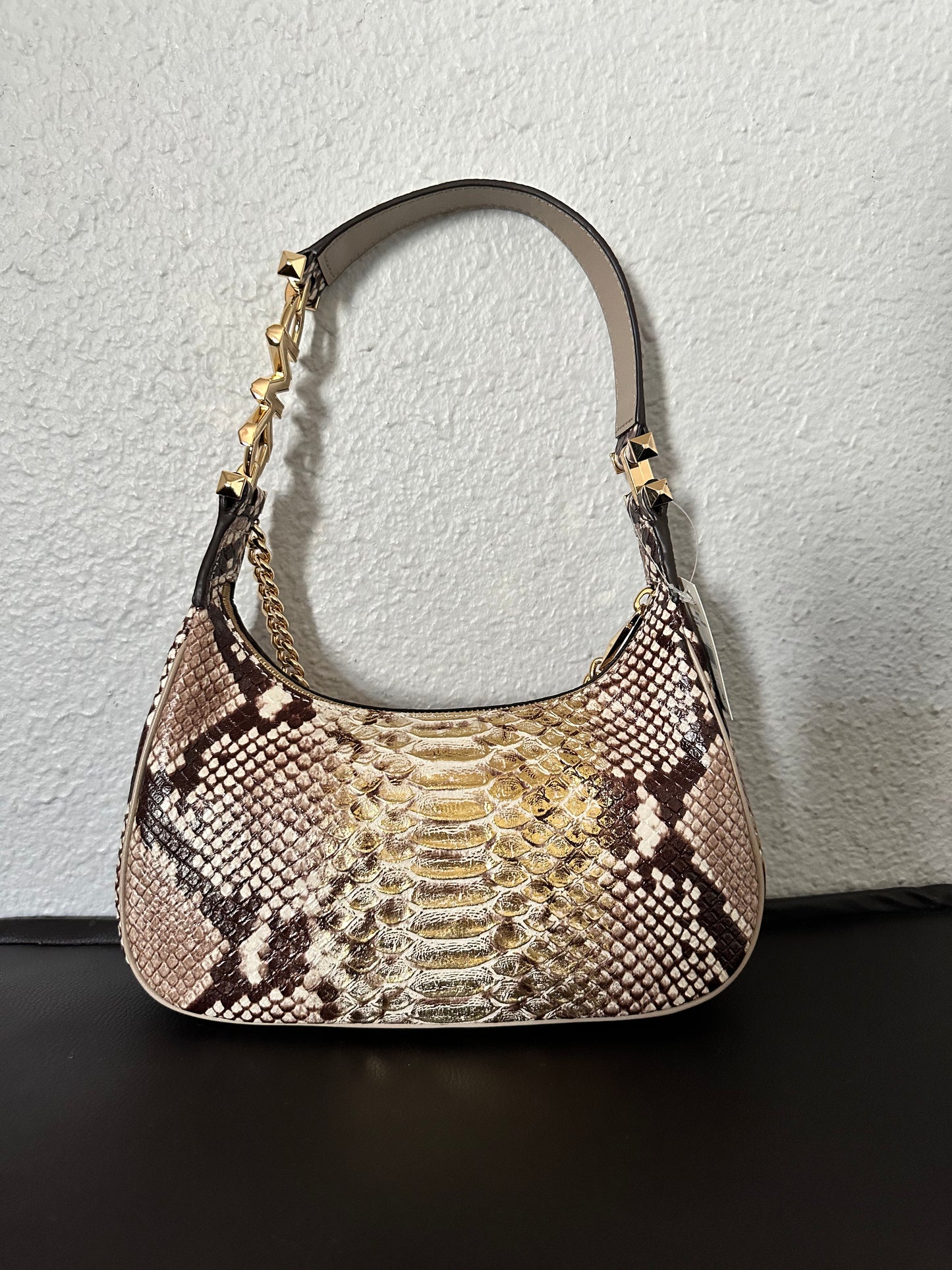 MICHAEL MICHAEL KORS Piper Small Two-Tone Snake Embossed Leather Shoulder Bag