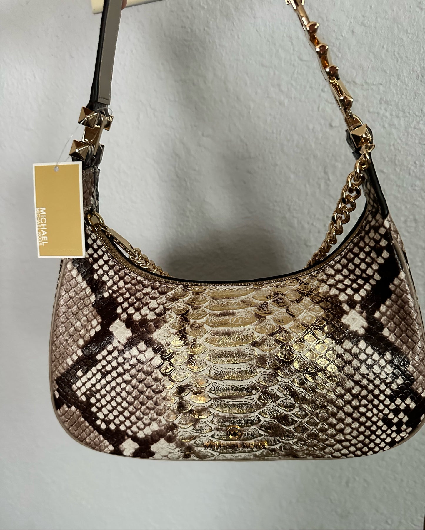 MICHAEL MICHAEL KORS Piper Small Two-Tone Snake Embossed Leather Shoulder Bag