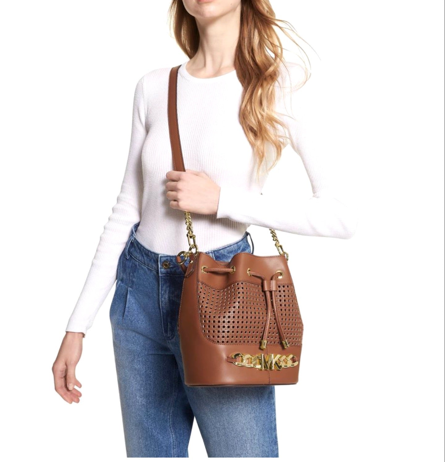 Devon Medium Perforated Leather Bucket Bag