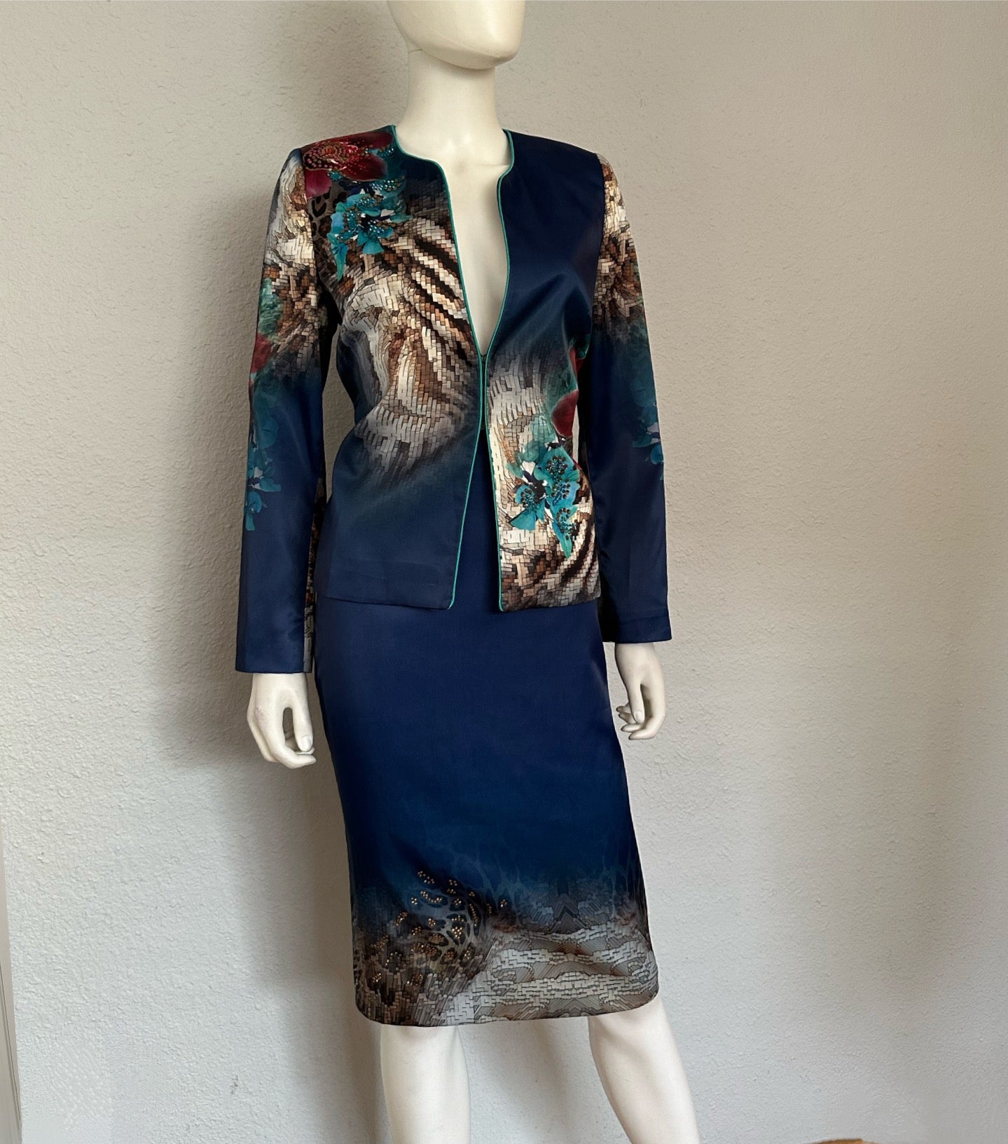 NWT Satin Skirt Suit 3Pc Set Blazer/Top/Skirt Lined Formal Long Sleeves Animal