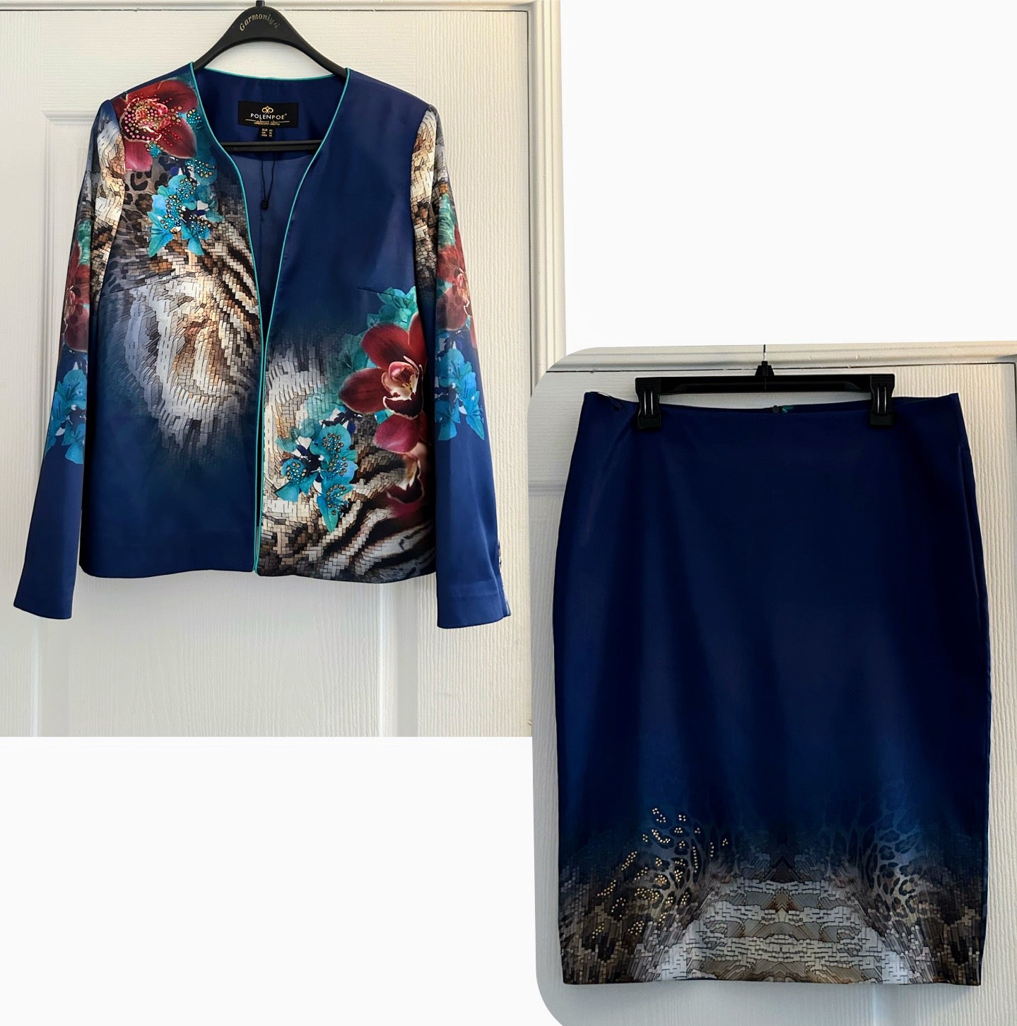 NWT Satin Skirt Suit 3Pc Set Blazer/Top/Skirt Lined Formal Long Sleeves Animal