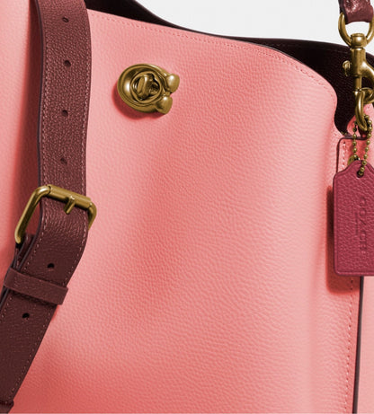 Coach Willow Leather Shoulder Bag In Colorblock Turnlock In Candy Pink