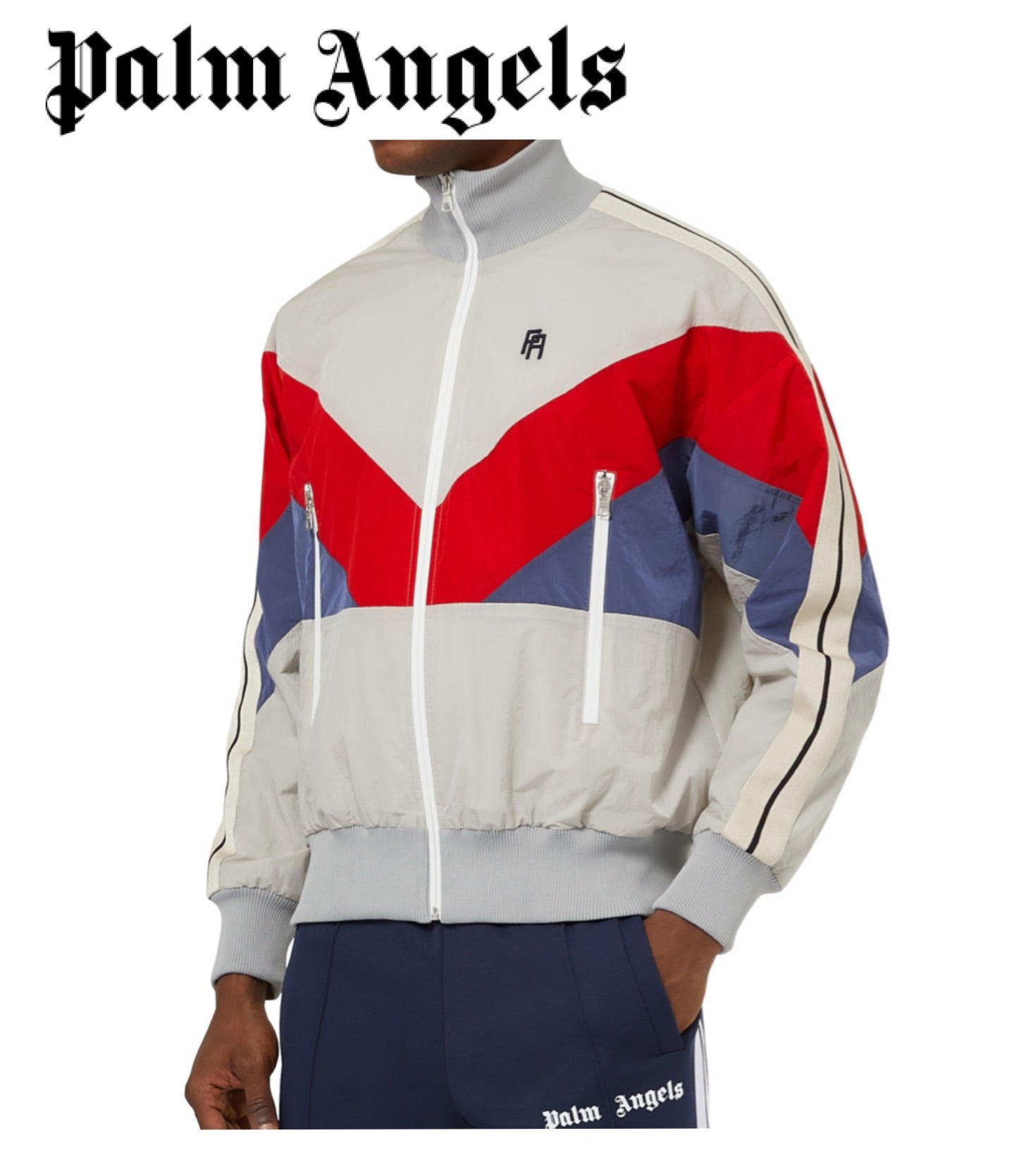 NWT PALM ANGELS COLOR BLOCK BOMBER JACKET GRAY WINDBREAKER LOGO-EMBROIDERED
