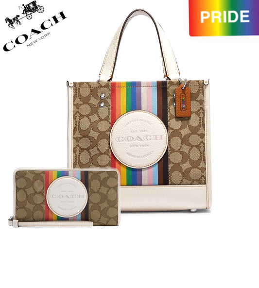 🌈Dempsey Tote 22 And Large Phone Wallet With Rainbow Stripe And Coach Patch Bundle