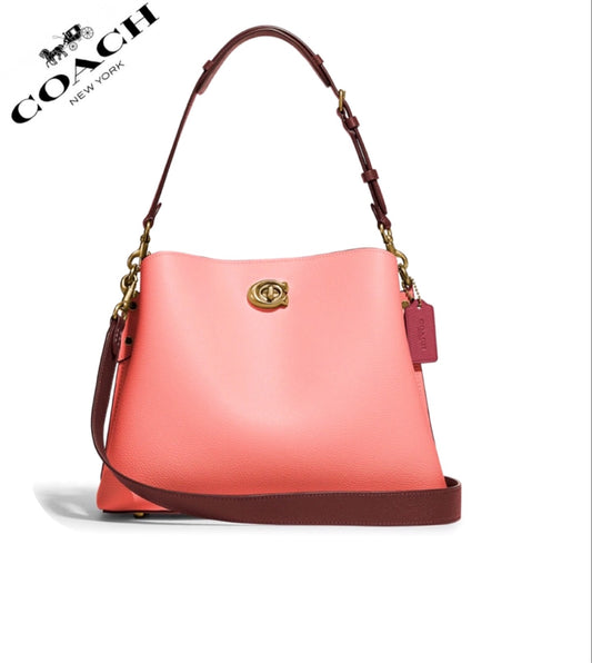 Coach Willow Leather Shoulder Bag In Colorblock Turnlock In Candy Pink