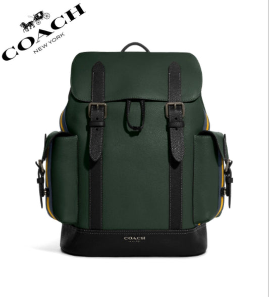 Coach Hudson Leather Backpack With Varsity Stripe